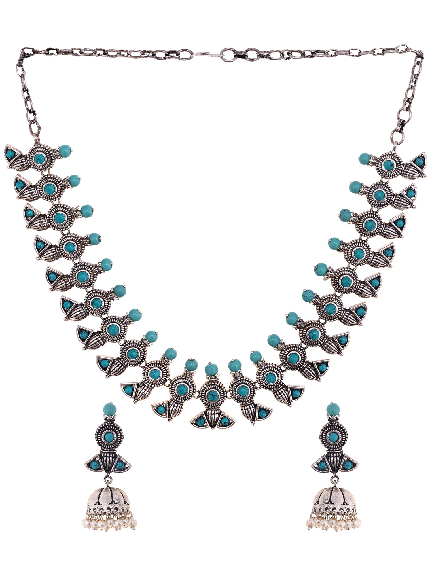 Oxidised Silver Toned Aqua Turquoise Choker Jewellery set