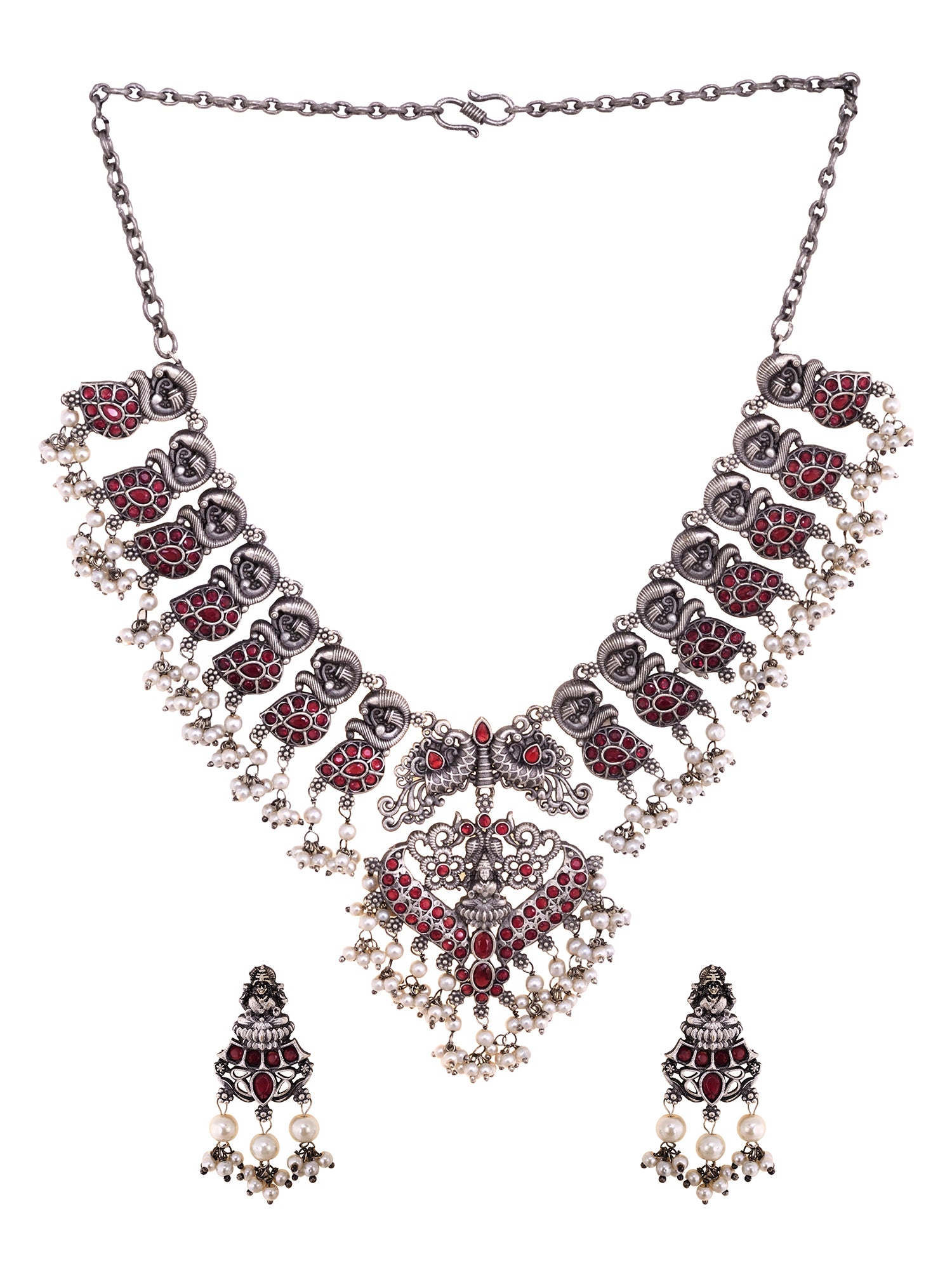 Oxidised Silver Toned Antique Temple Peacock Design Choker Jewellery set