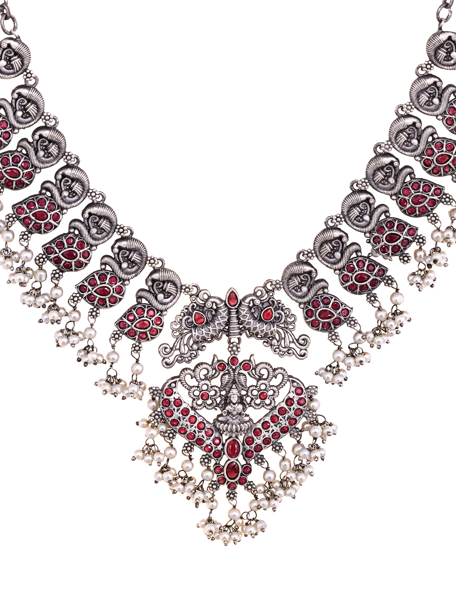 Oxidised Silver Toned Antique Temple Peacock Design Choker Jewellery set