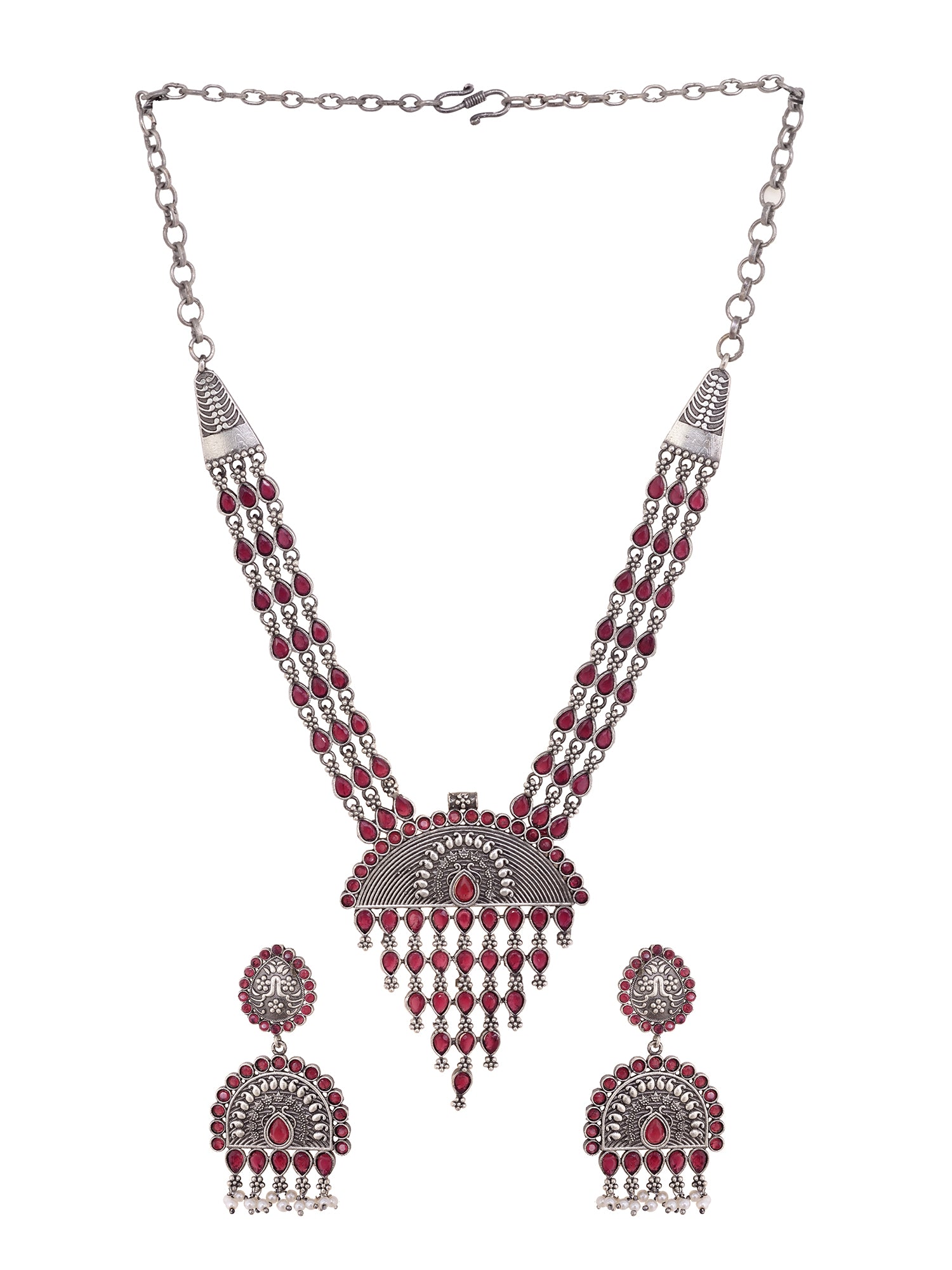 Oxidised Silver Toned Red Stone Studded Tribal Necklace Jewellery set