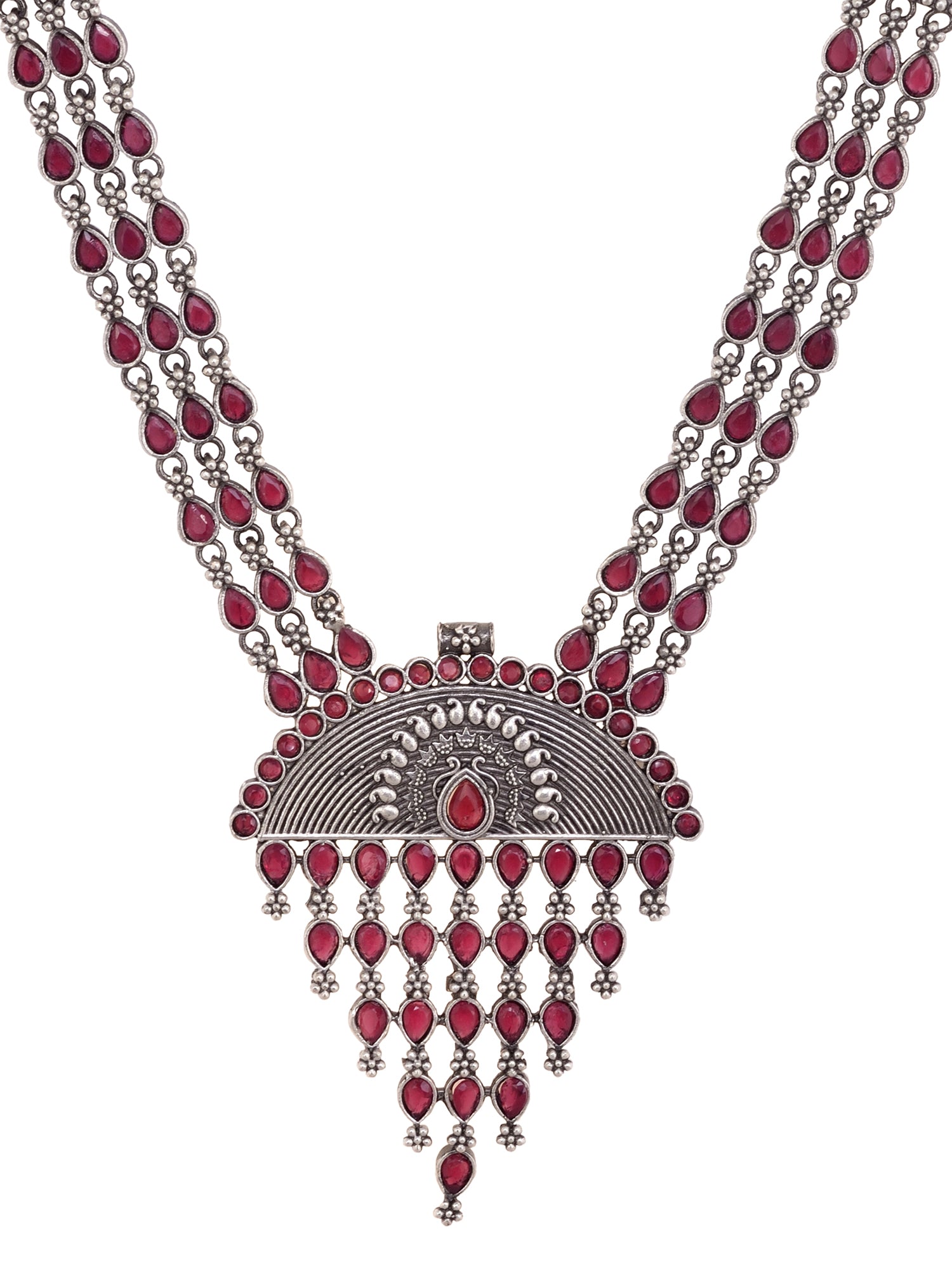 Oxidised Silver Toned Red Stone Studded Tribal Necklace Jewellery set