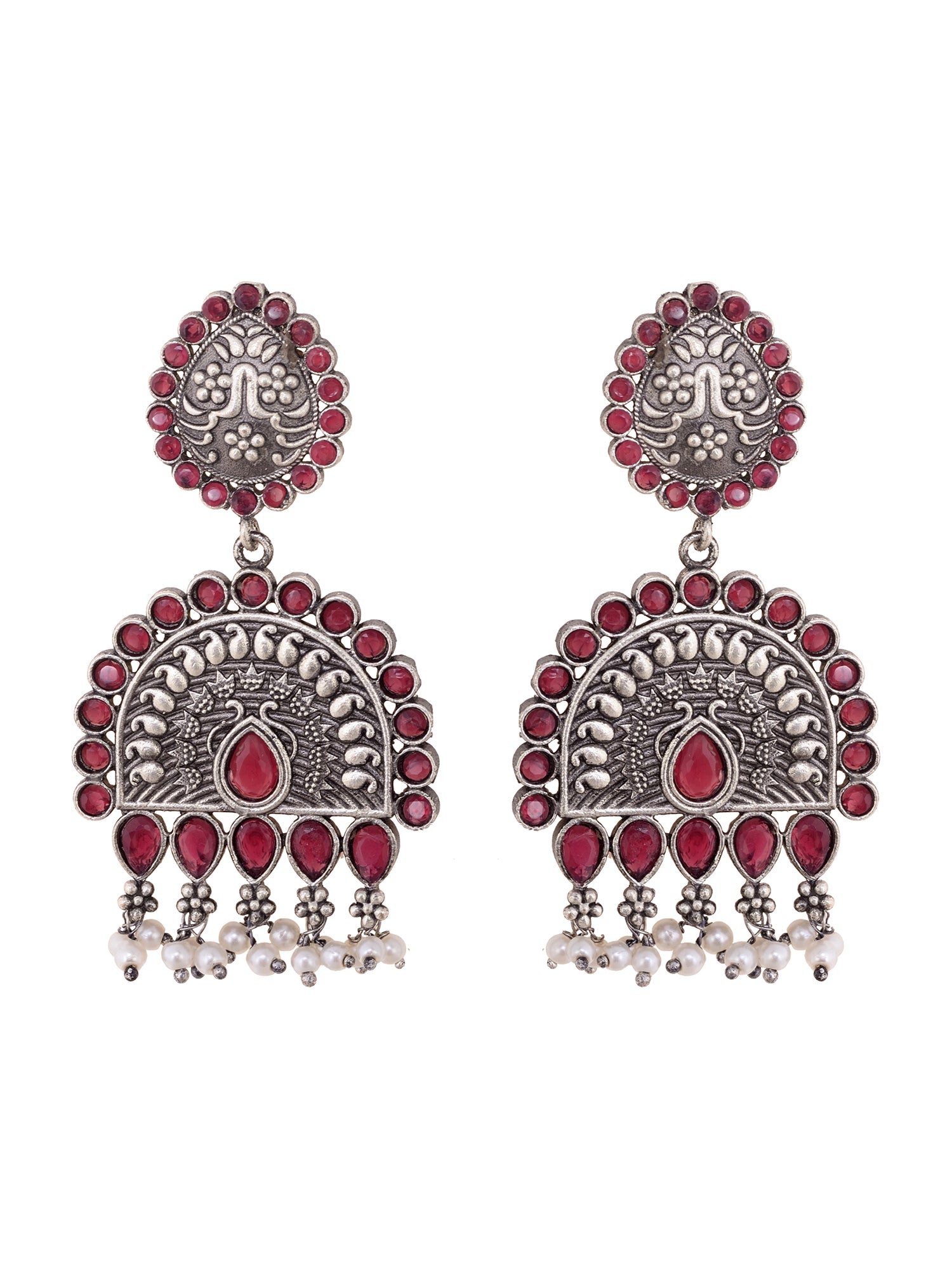 Oxidised Silver Toned Red Stone Studded Tribal Necklace Jewellery set