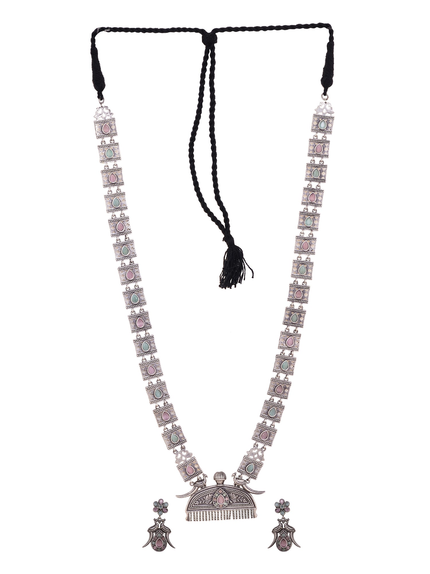 Oxidised Silver Toned Mint Pink Tribal Jewellery Set