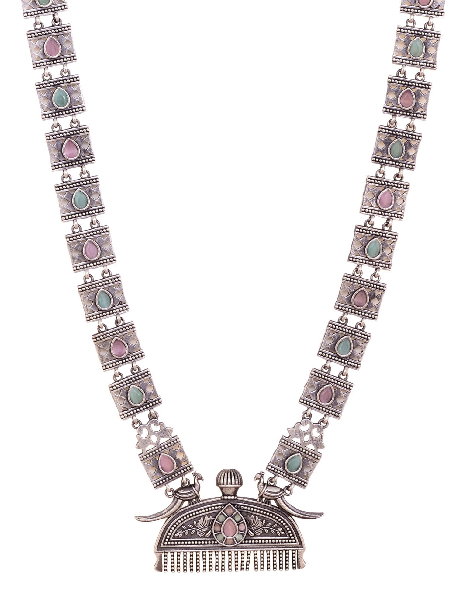 Oxidised Silver Toned Mint Pink Tribal Jewellery Set
