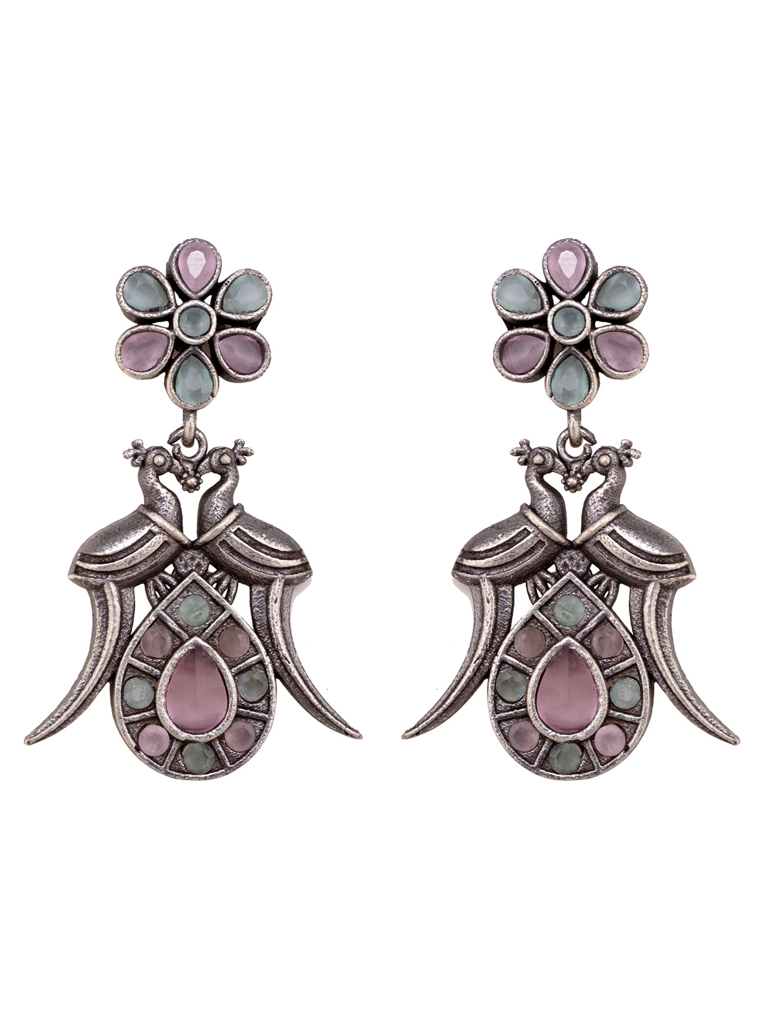 Oxidised Silver Toned Mint Pink Tribal Jewellery Set