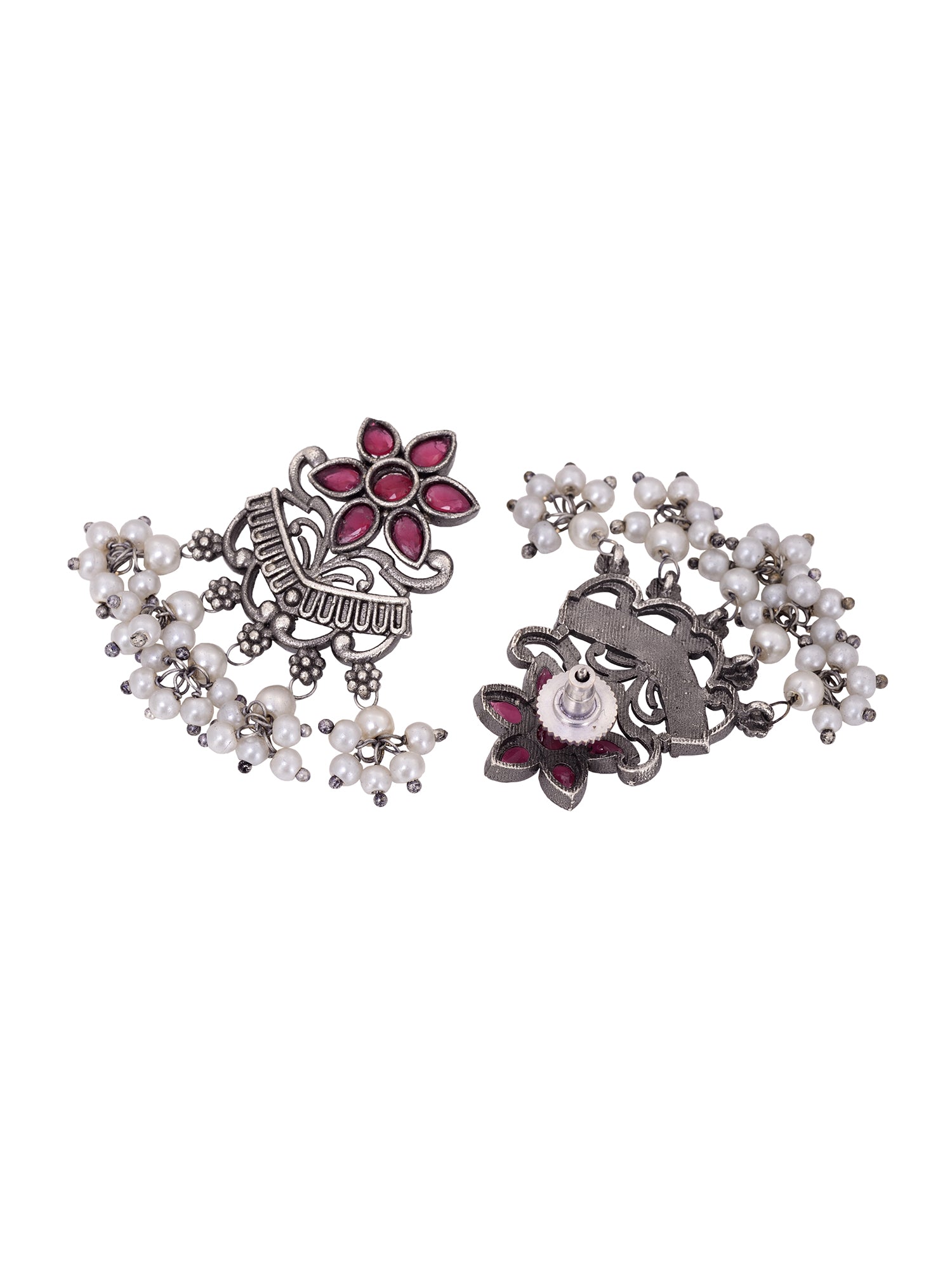 Silver Oxidised Red Stone Studded Tribal Choker Jewellery set