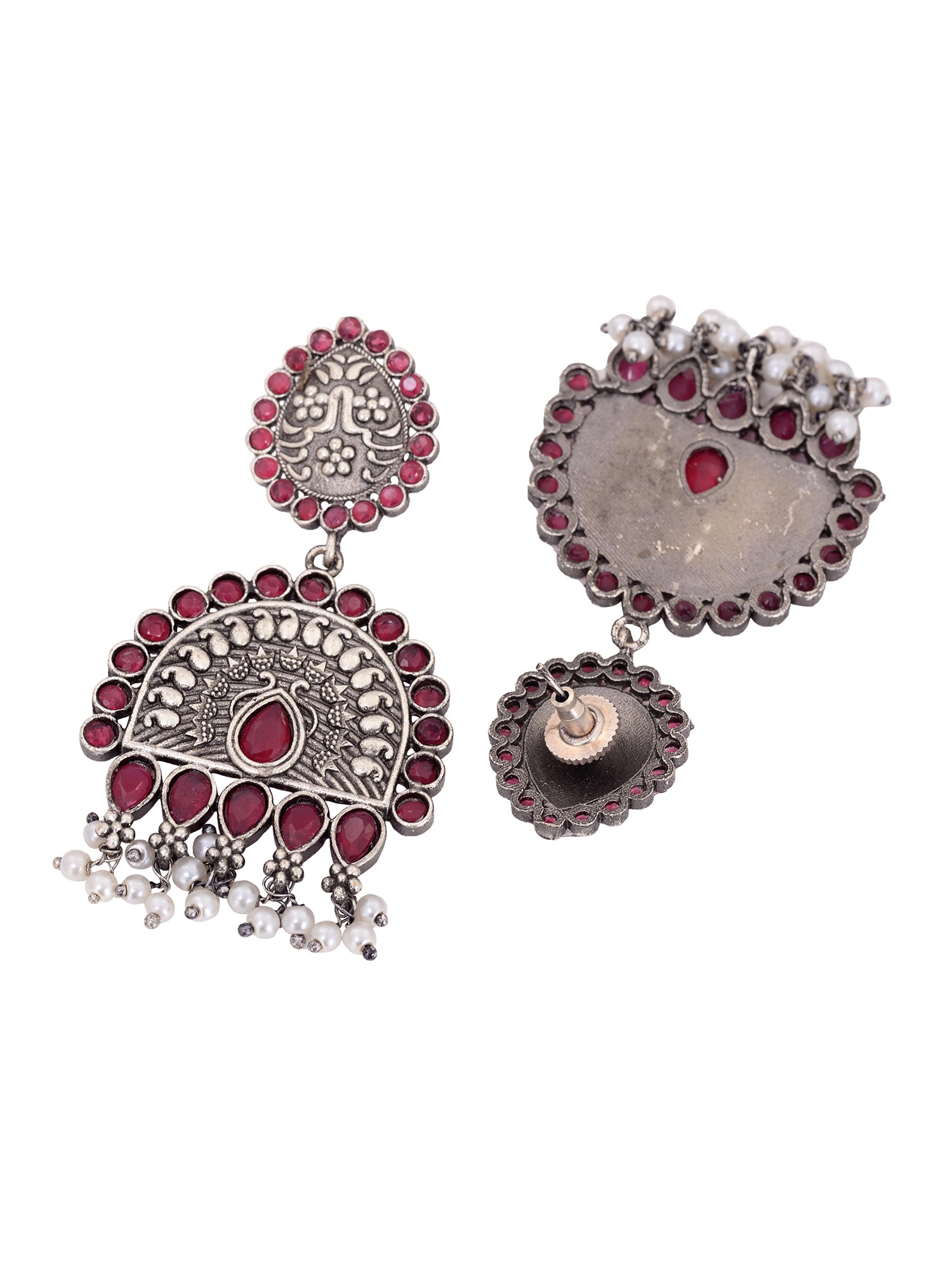 Oxidised Silver Toned Red Stone Studded Tribal Necklace Jewellery set