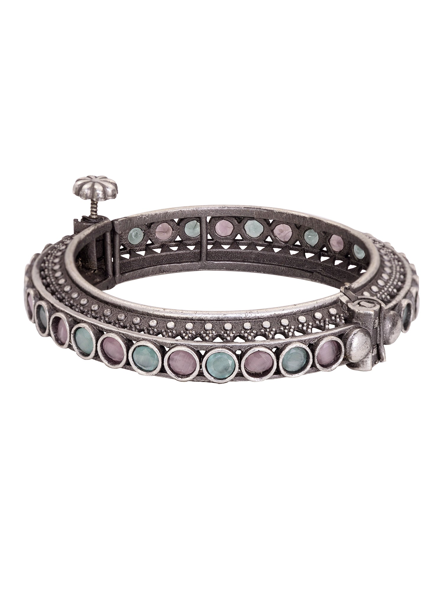 Oxidised Silver Toned Pink Mint Stone Studded Openable Kada Bracelet