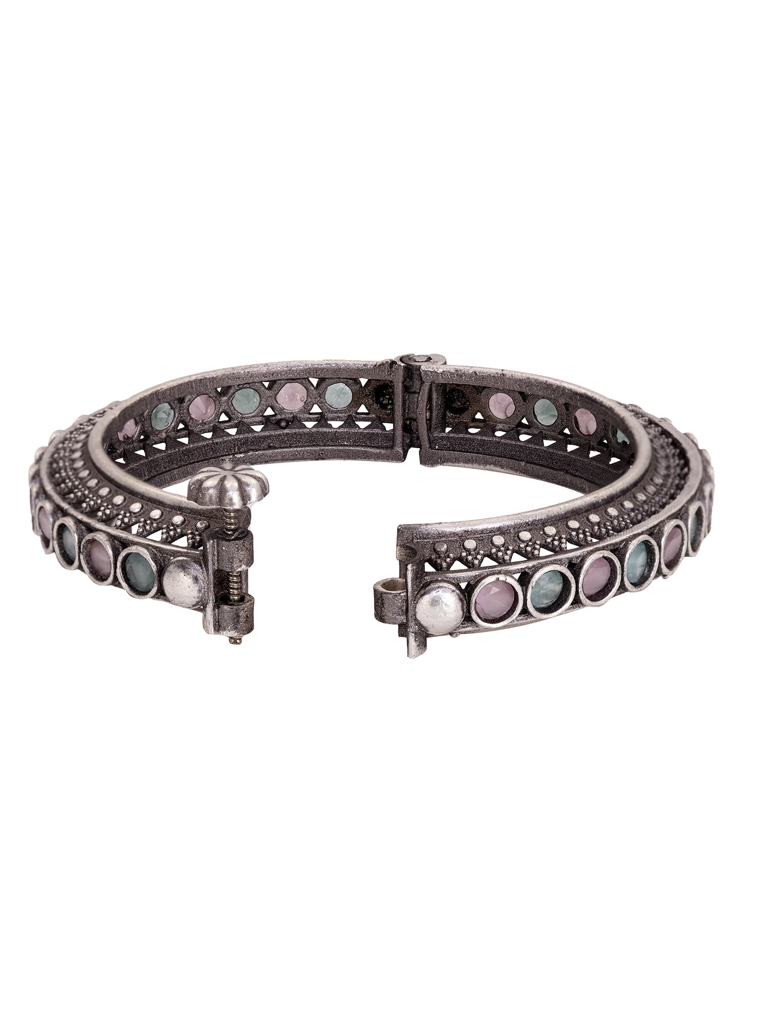 Oxidised Silver Toned Pink Mint Stone Studded Openable Kada Bracelet