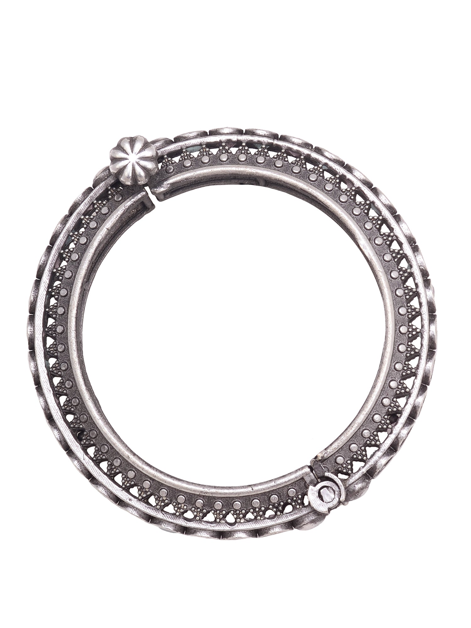 Oxidised Silver Toned Pink Mint Stone Studded Openable Kada Bracelet