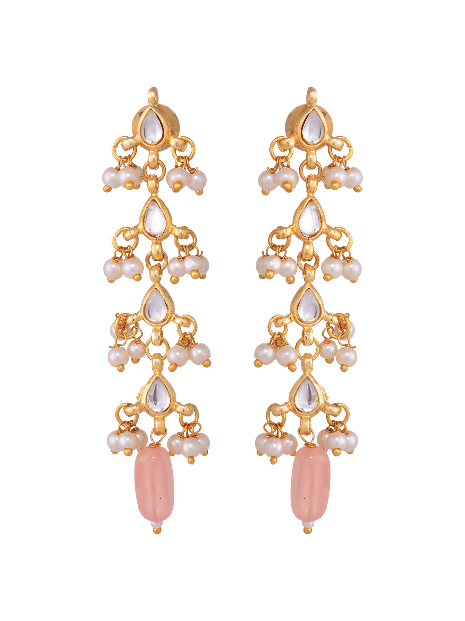 Gold Plated Kundan Pearl Beaded Dropdown Earrings