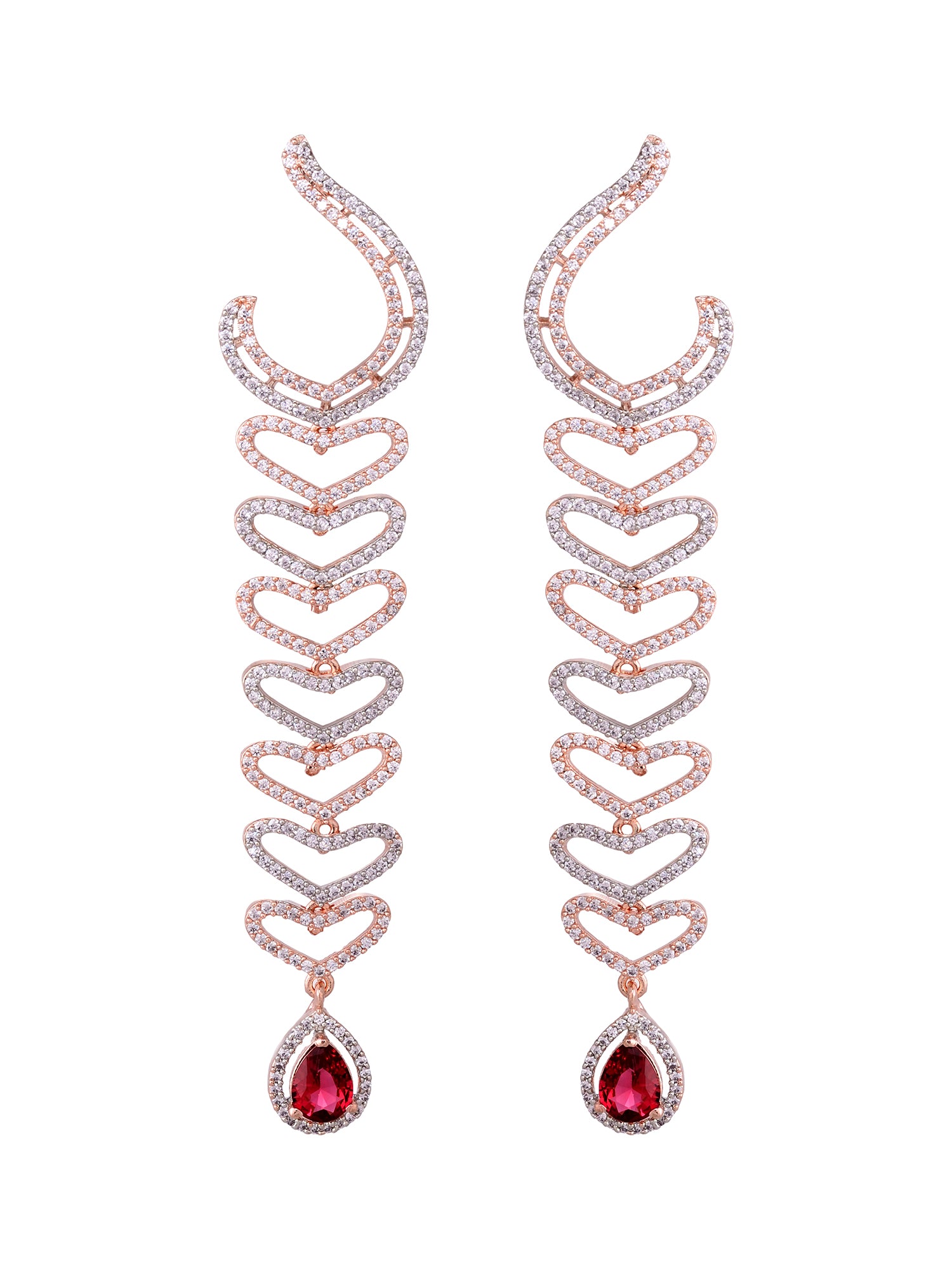 Rose Gold Plated Red AD Studded Heart Shaped Long Dangler Earrings