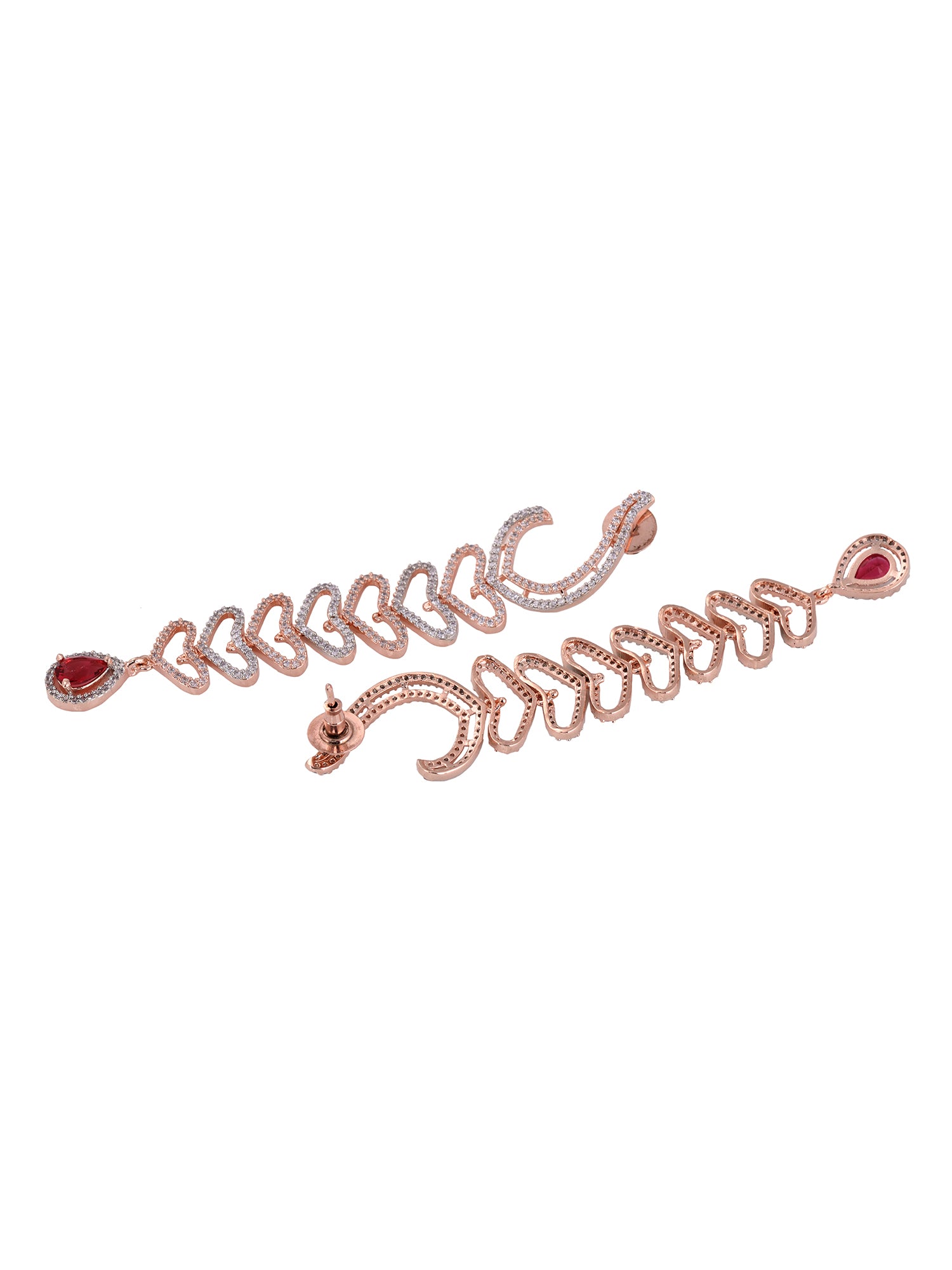 Rose Gold Plated Red AD Studded Heart Shaped Long Dangler Earrings