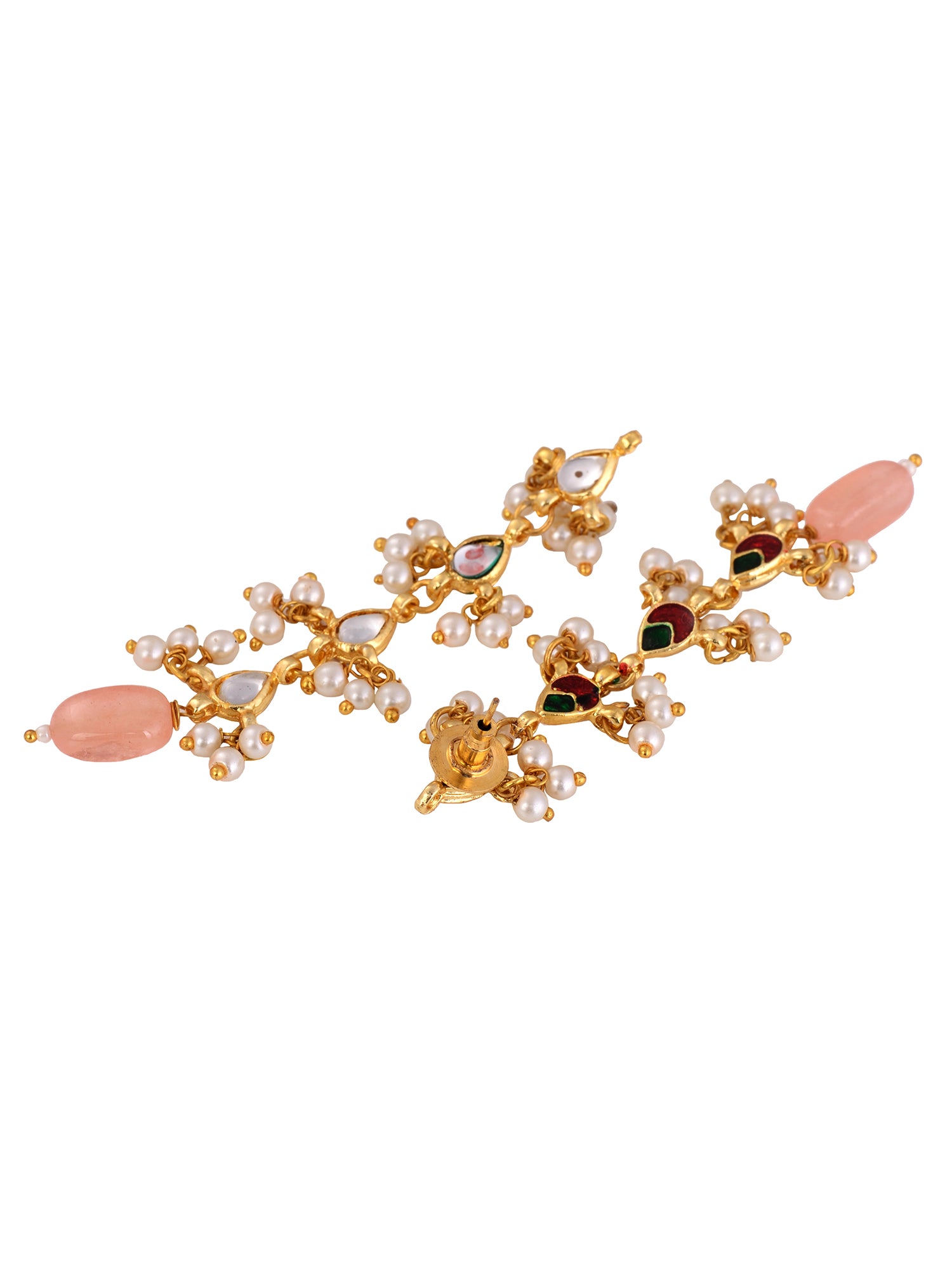 Gold Plated Kundan Pearl Beaded Dropdown Earrings