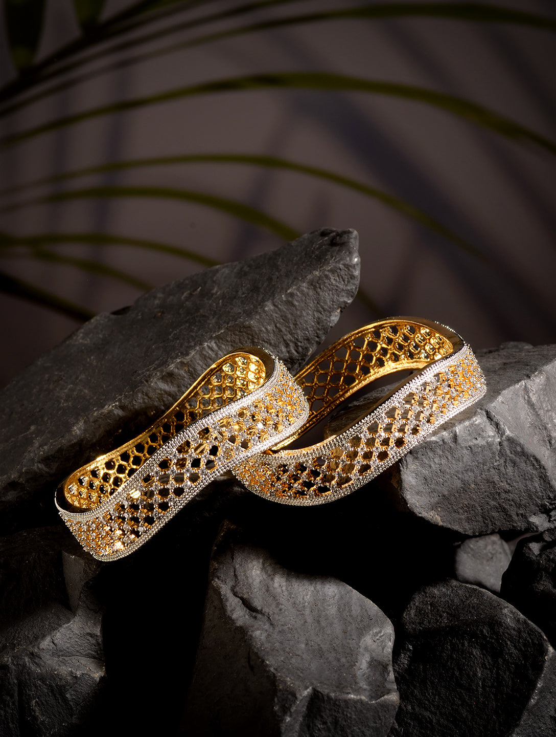 Set Of 2 Gold Plated  AD Studded Cut -Out Hand Crafted Bracelet Bangles