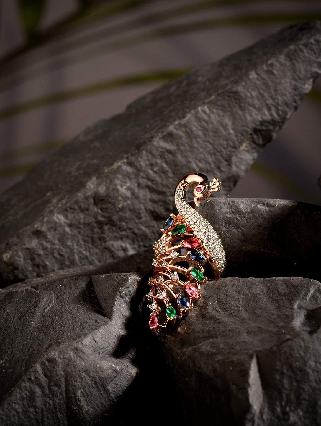 Rose Gold Plated Multi AD studded Peacock Handcrafted Finger Ring
