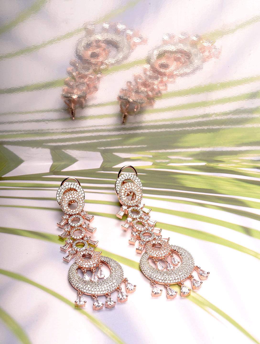 Rose Gold Plated White AD studded Circular Chandelier Dropdown Handcrafted Earrings