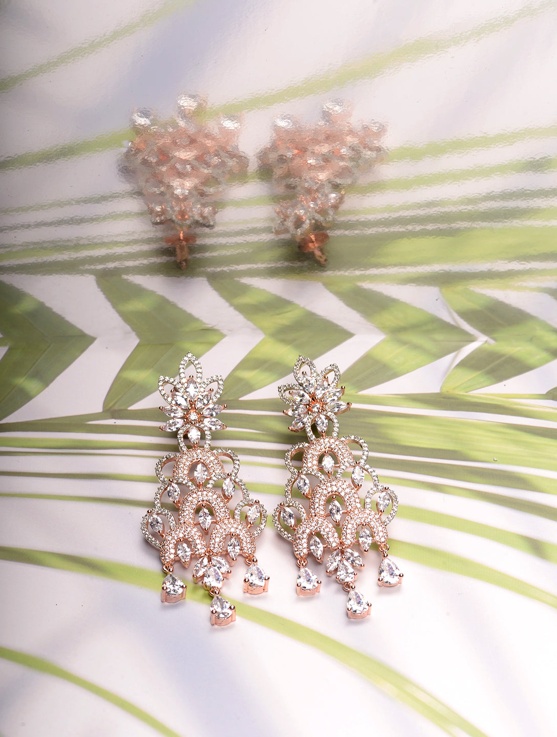 Rose Gold Plated White AD Studded Floral Chandelier Dropdown Handcrafted Earrings