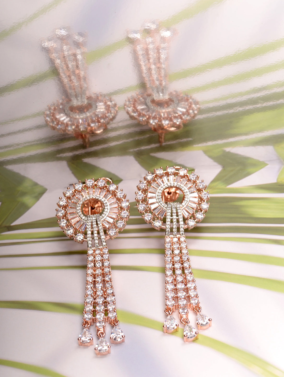 Rose Gold plated White AD studded Knotted Long Dropdown Handcrafted Earrings