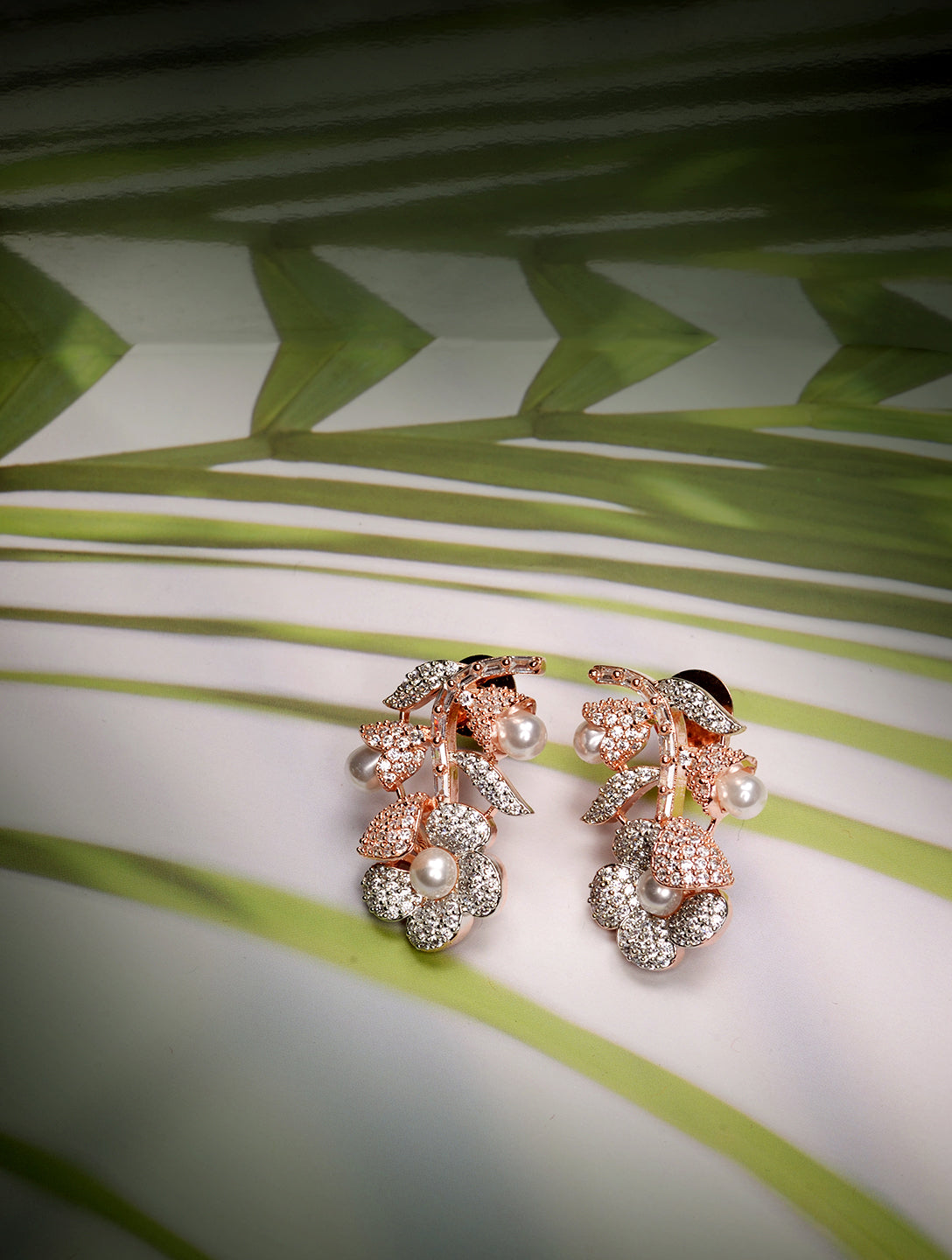 Rose Gold Plated white AD and Pearl studded Flower Stud Handcrafted Earrings