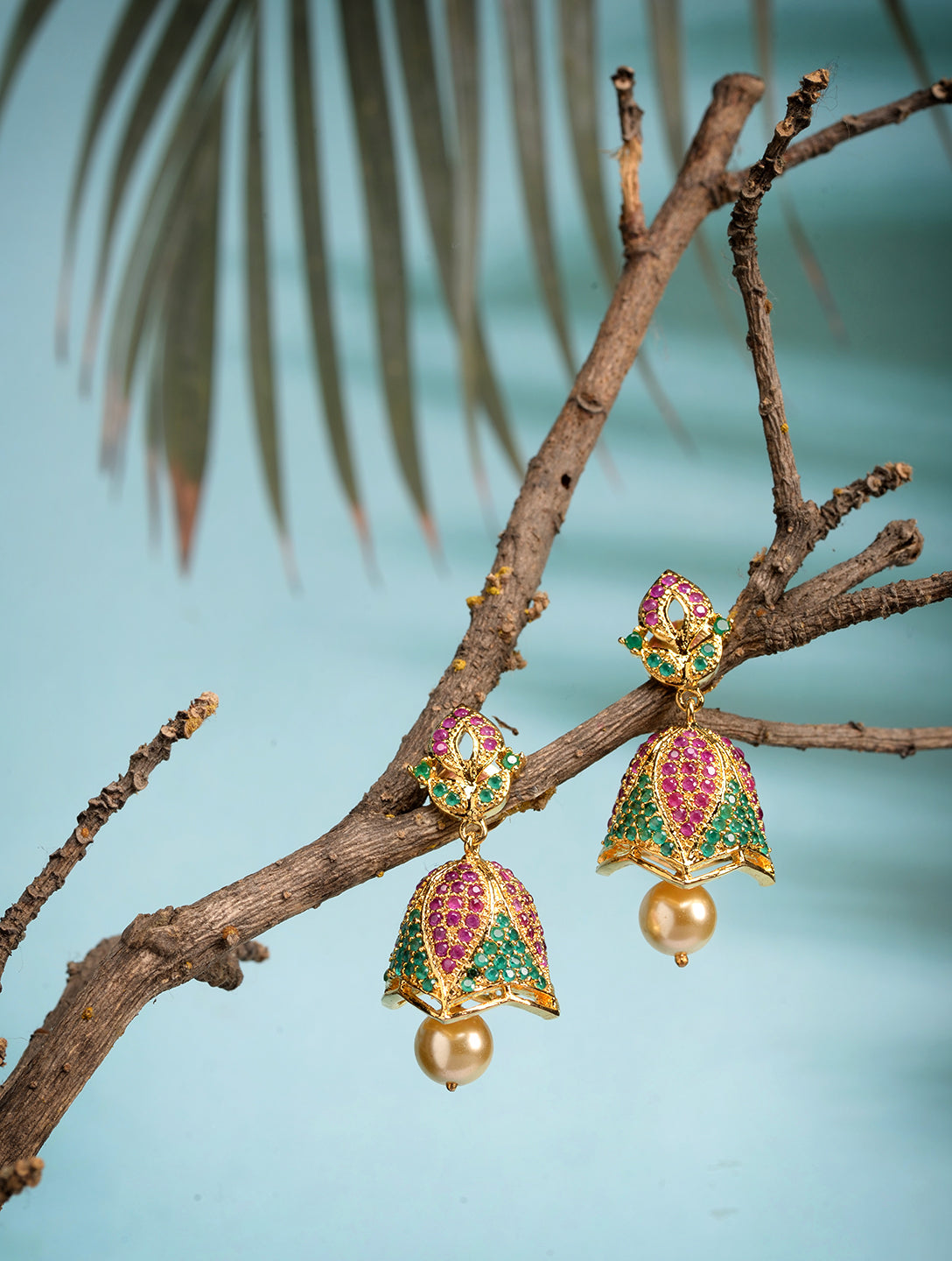 Gold Plated Multi AD and Pearl studded Handcrafted Jhumka Earrings