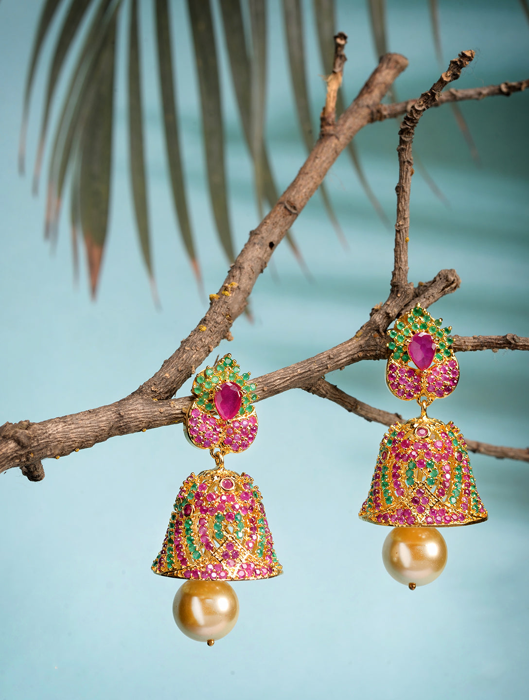 Gold Plated Multi AD and Pearl studded Jhumka Handcrafted Earrings