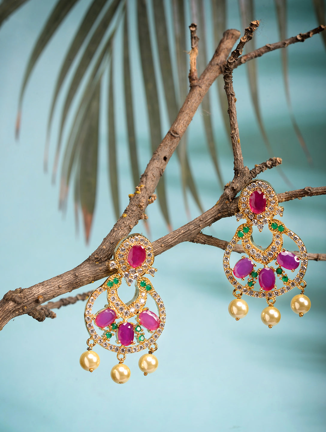 Gold Plated Multi AD and Pearl studded Chandbali shaped Handcrafted Earrings