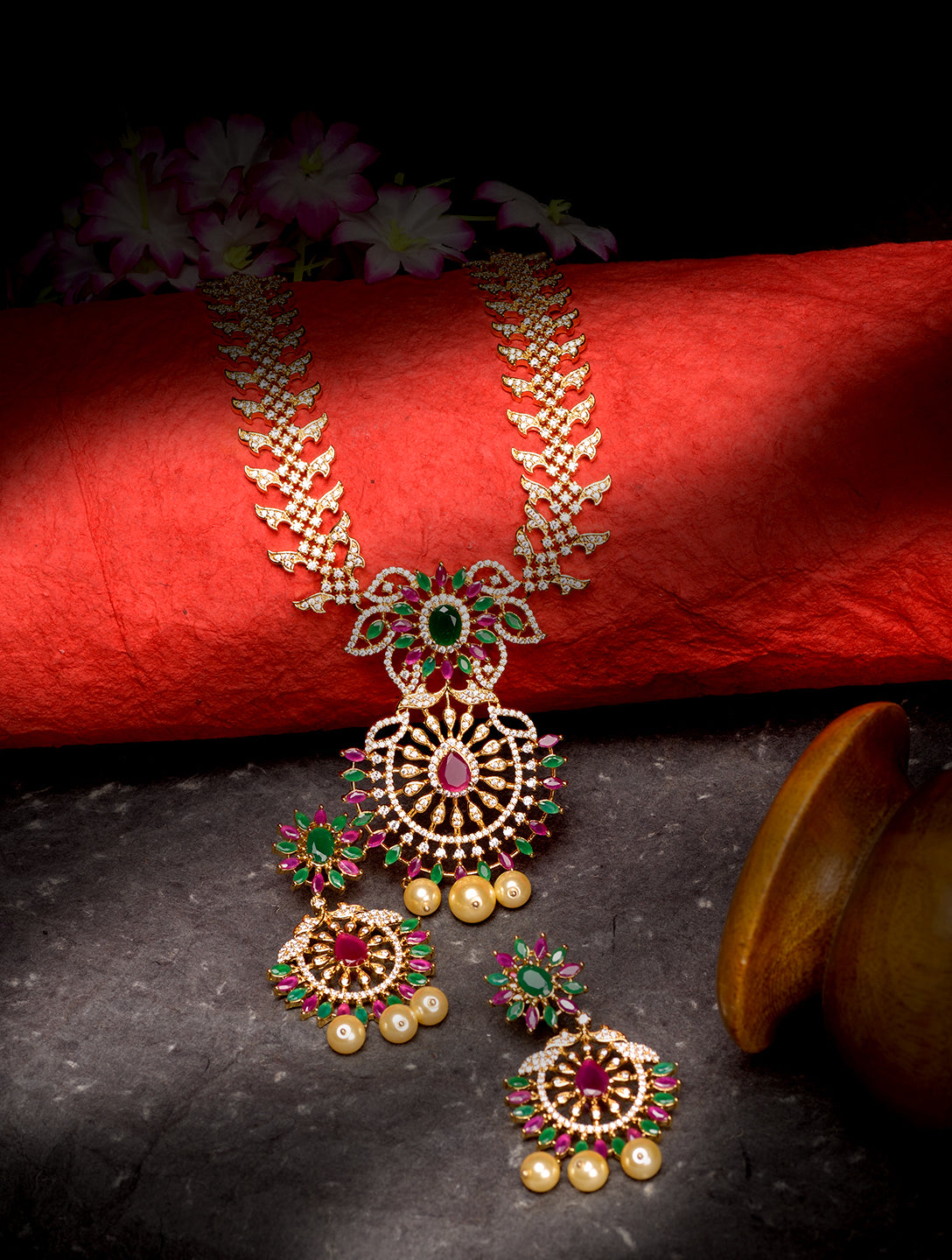 Gold Plated Multi AD & Pearl Studded Chandbali Pendant Neclace Earrings Set