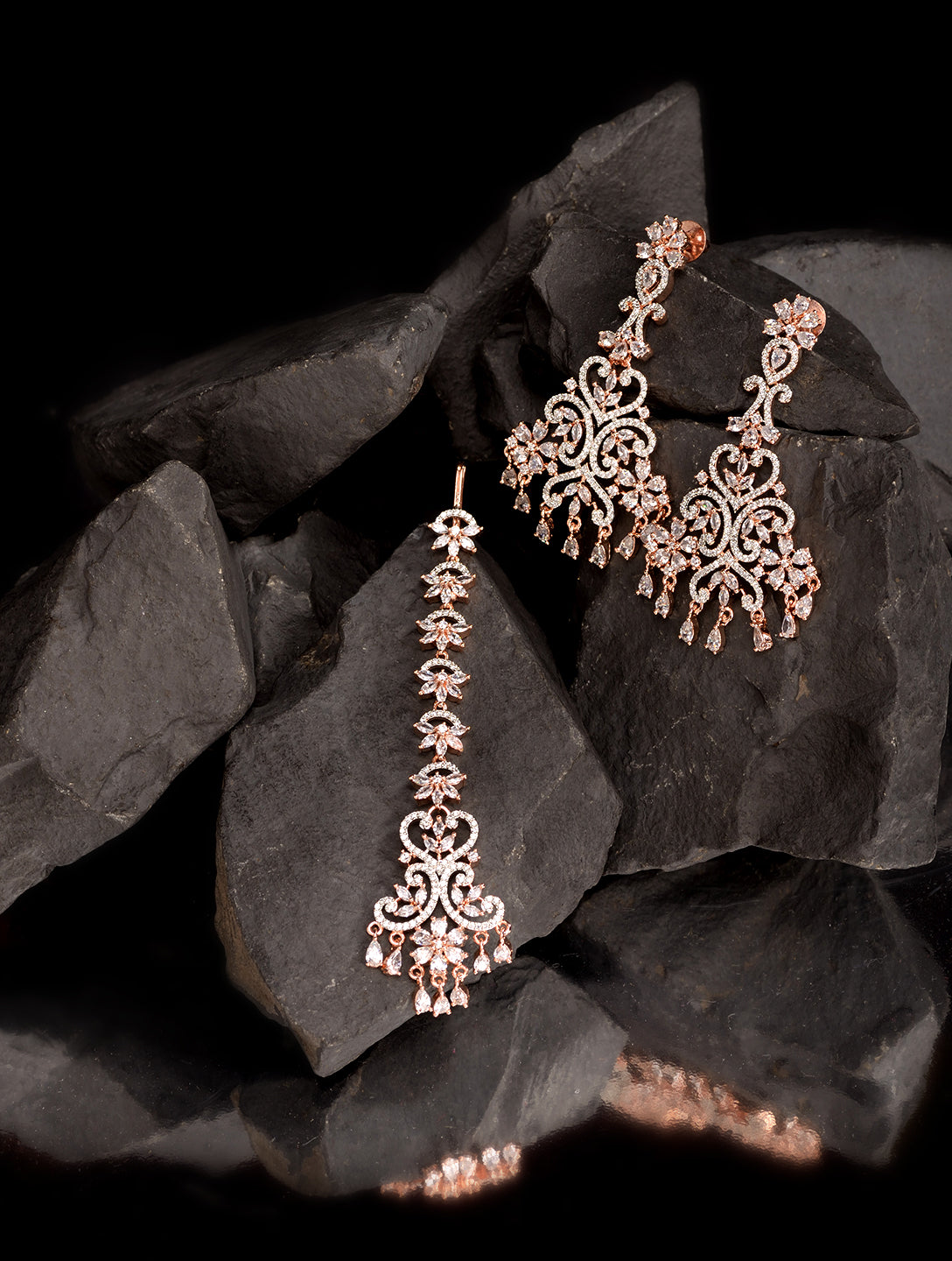 Rose Gold plated AD studded flower Design Mangtika & Earring set