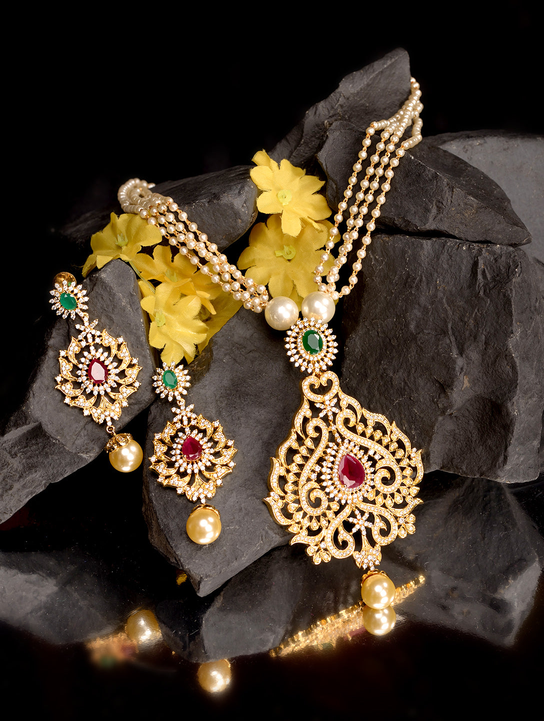 Gold Plated Multi AD & Pearl Studded Hand Crafted Traditional Pendant Necklace Earrings Set