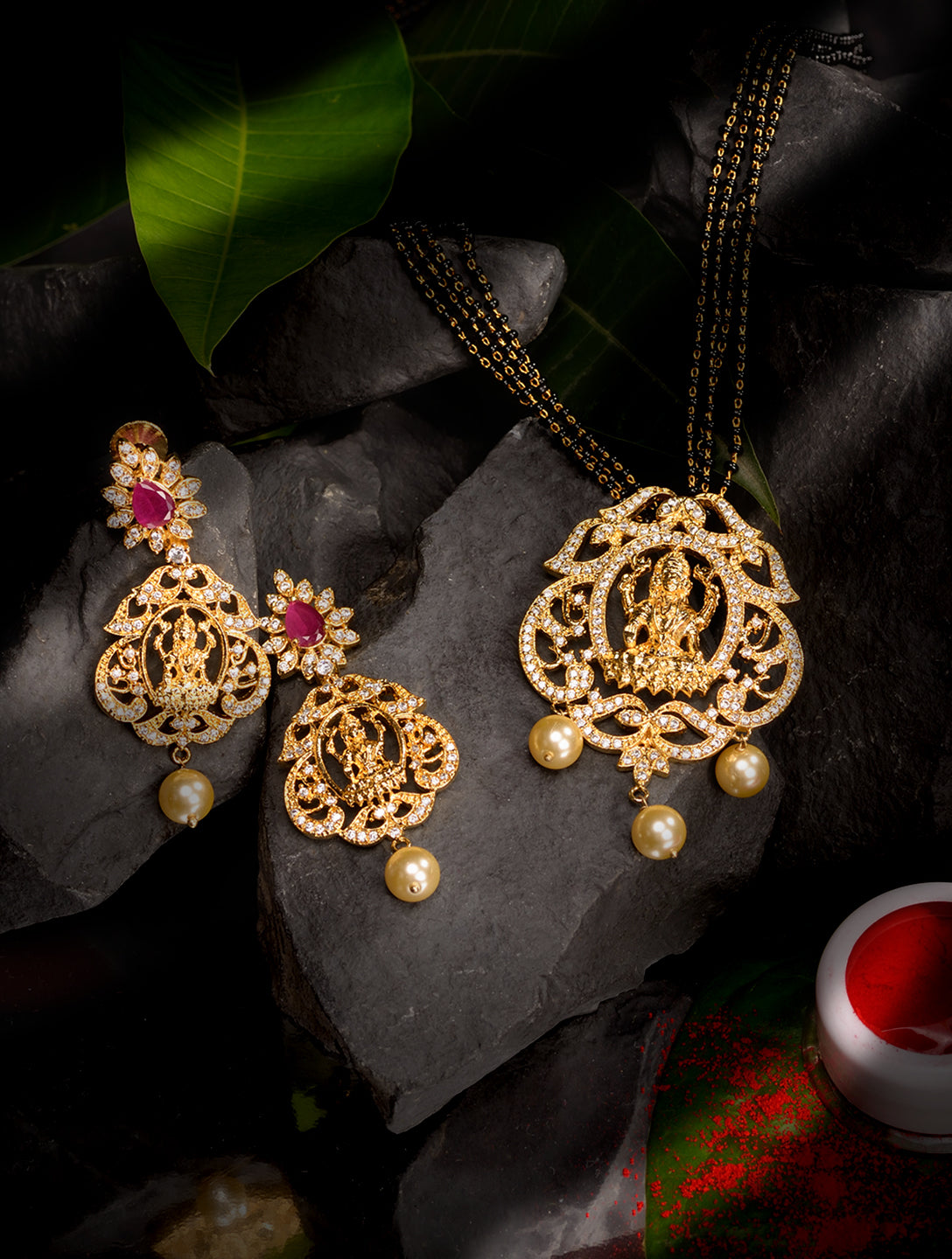 Gold Plated AD Studded Antique Temple Pendant Black Beads mala and Earrings Set