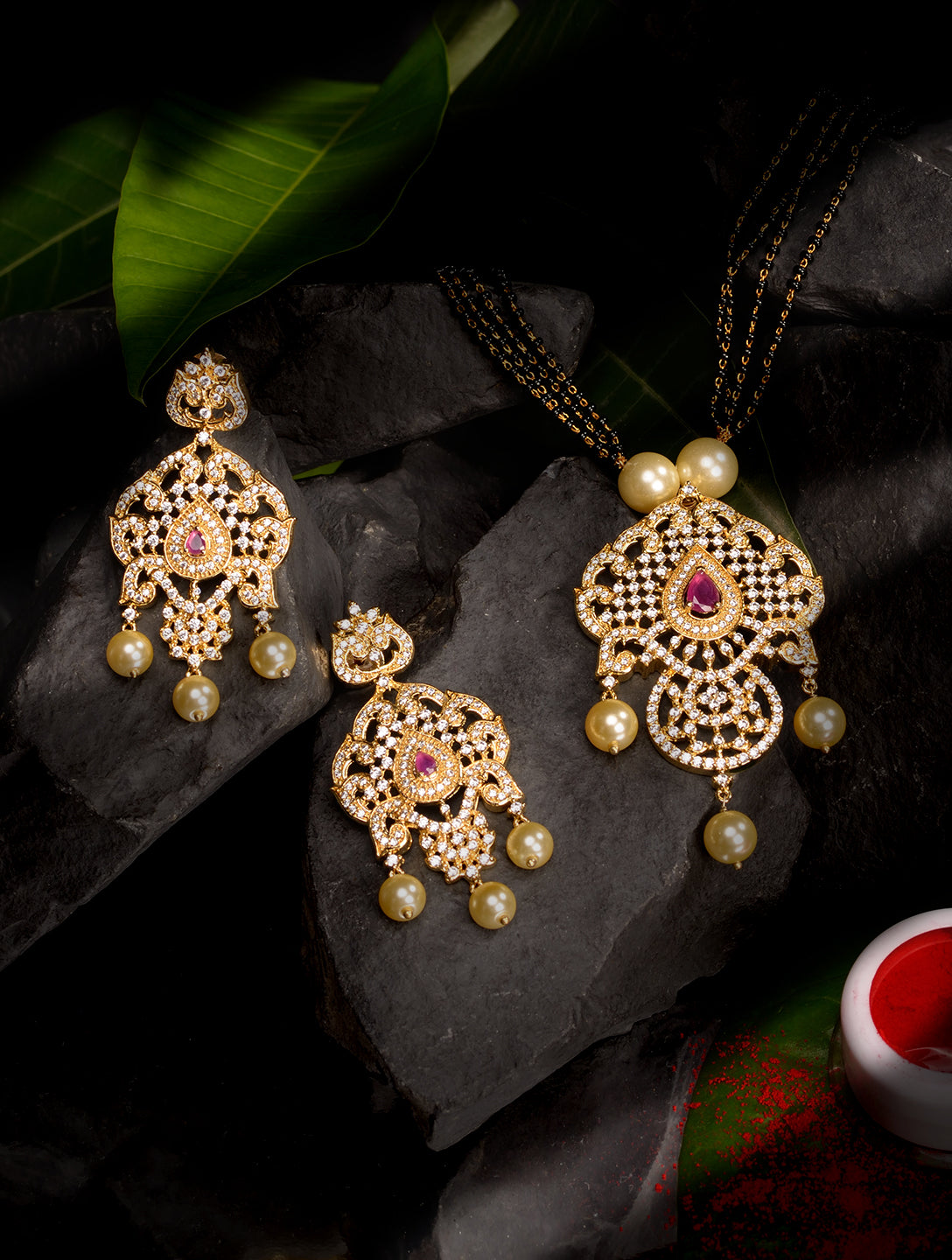 Gold Plated Red AD Studded Traditional Intricate Pendant Necklace Black beads Mala and Earrings
