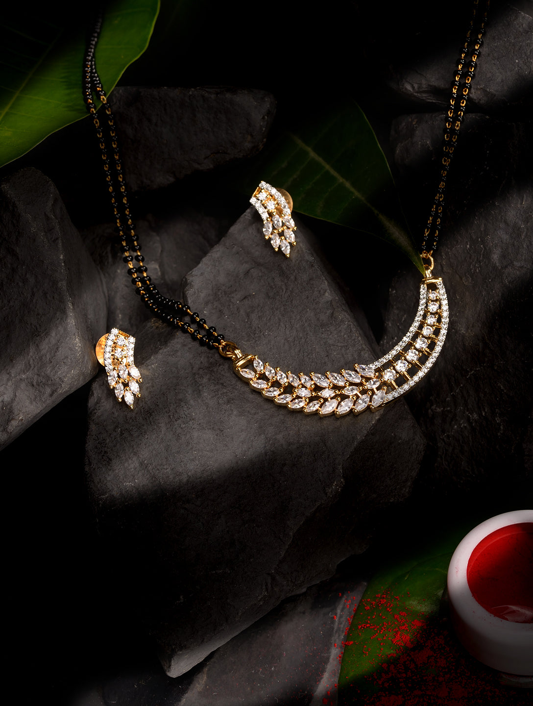 Gold Plated Black Beads AD Studded Designer Mangalsutra Combo Earrings Set