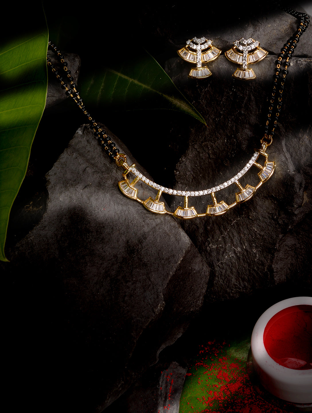 Gold Plated Black Beads AD Studded Mangalsutra Pendant Earrings Set