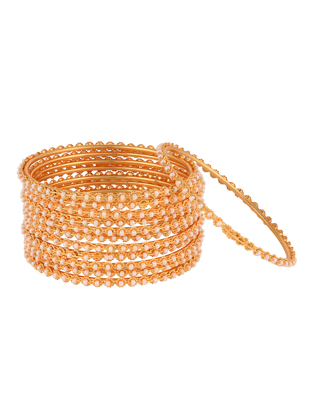 Set Of 12 Gold Plated & Pearl Studded Bangles