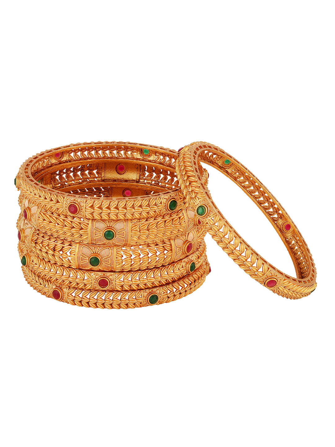 Set Of 6 24 CT Gold Plated Red Stone Studded Handcrafted Bangles For Regular Use