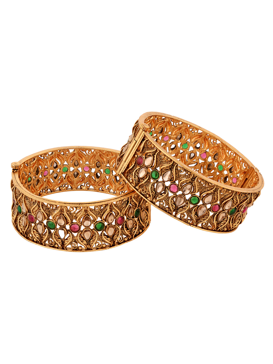 Set Of 2 Gold Plated Multi stone Studded Antique Bangles