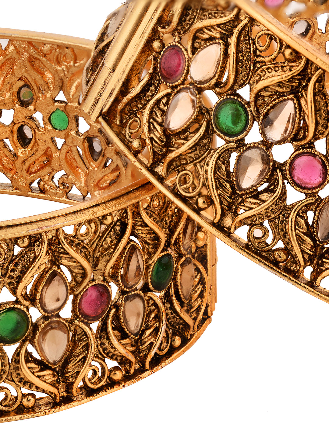 Set Of 2 Gold Plated Multi stone Studded Antique Bangles