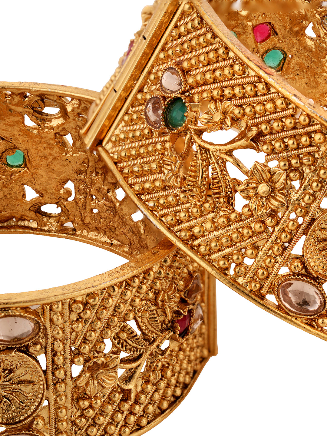 Set Of 2 Gold Plated Multi stone Studded Antique Bangles