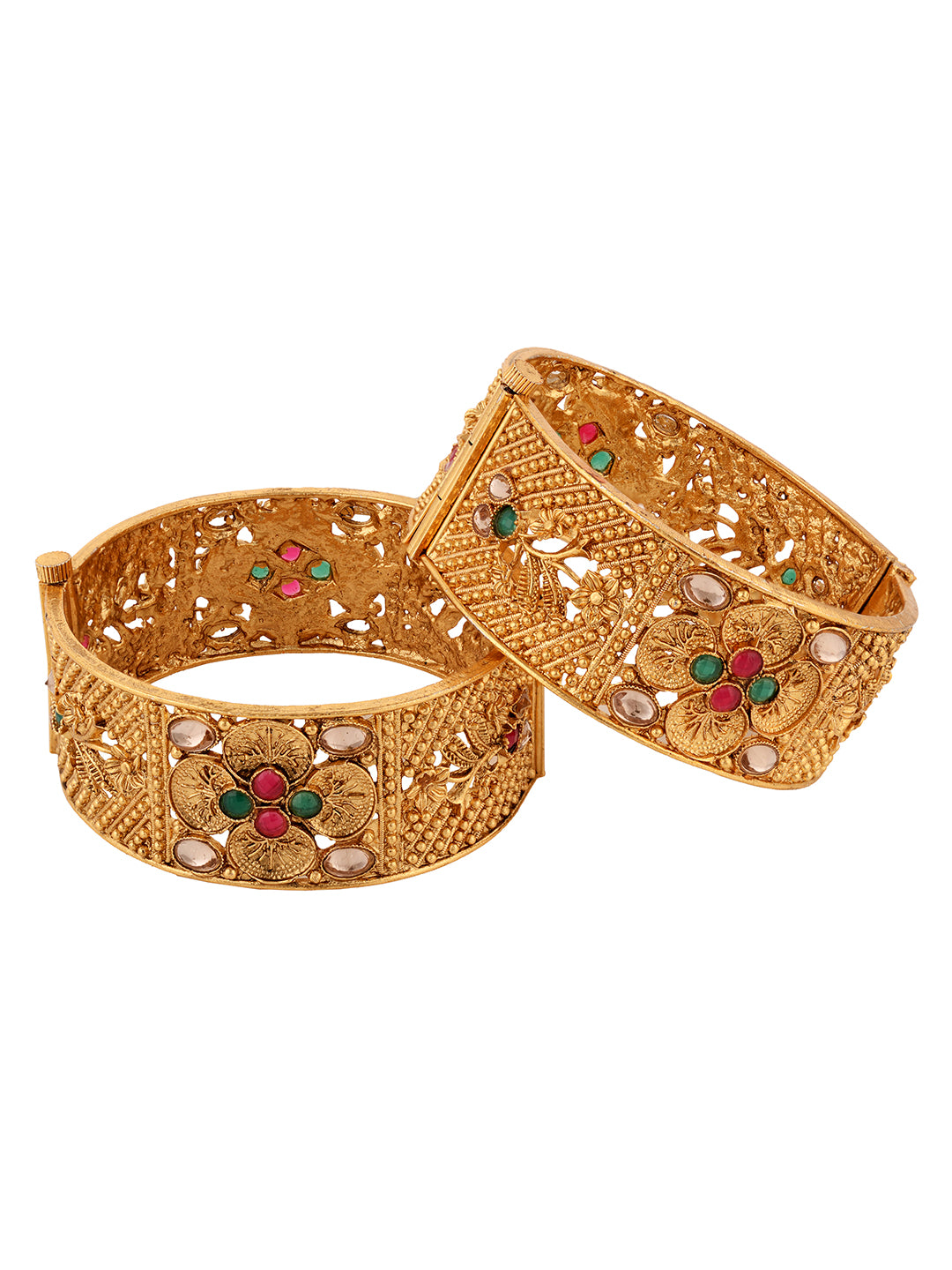Set Of 2 Gold Plated Multi stone Studded Antique Bangles
