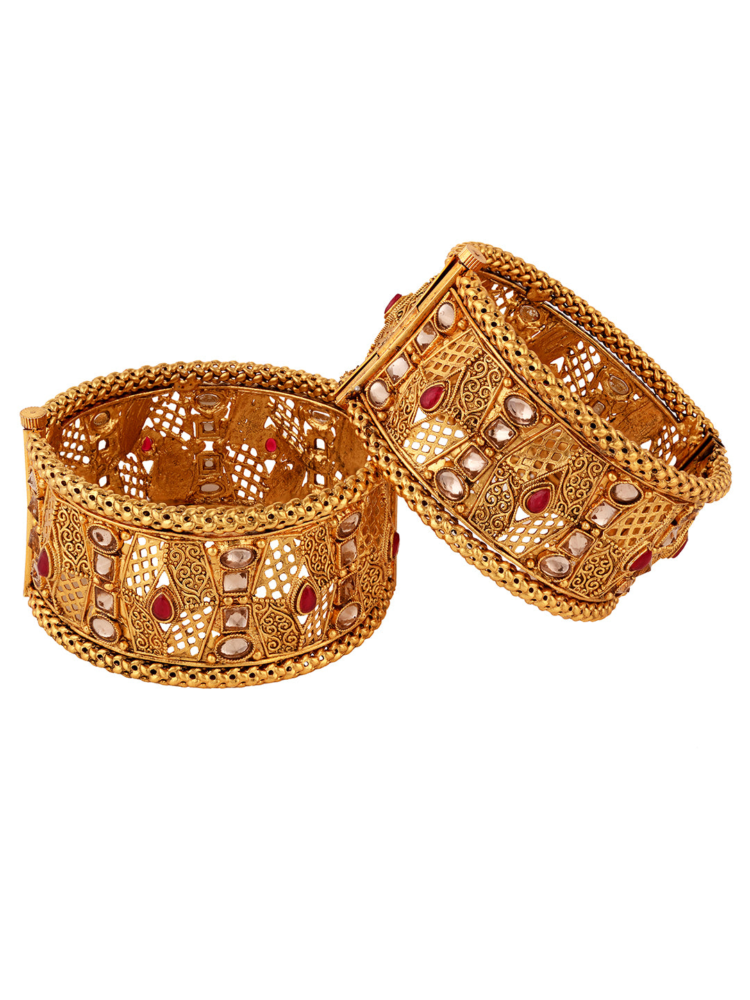 Set Of 2 Gold Plated Multi stone Studded Antique Bangles