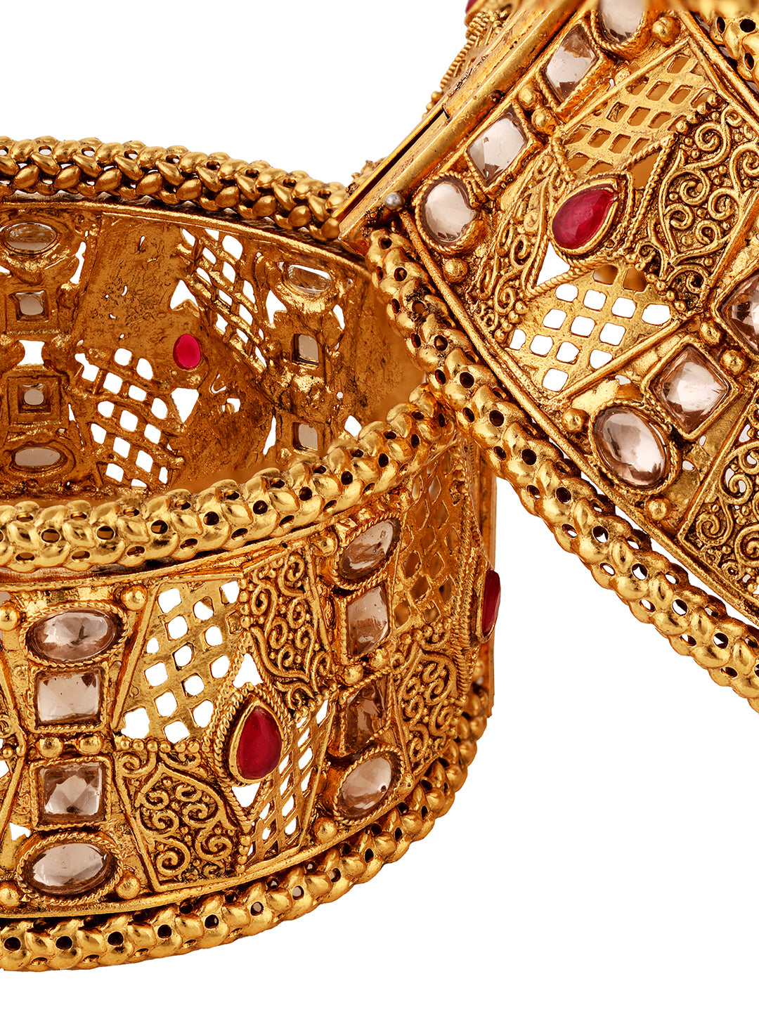 Set Of 2 Gold Plated Multi stone Studded Antique Bangles