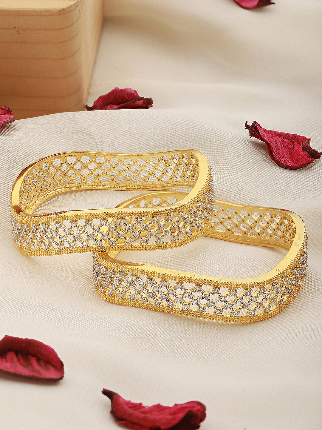 Set Of 2 Gold Plated  AD Studded Cut -Out Hand Crafted Bracelet Bangles