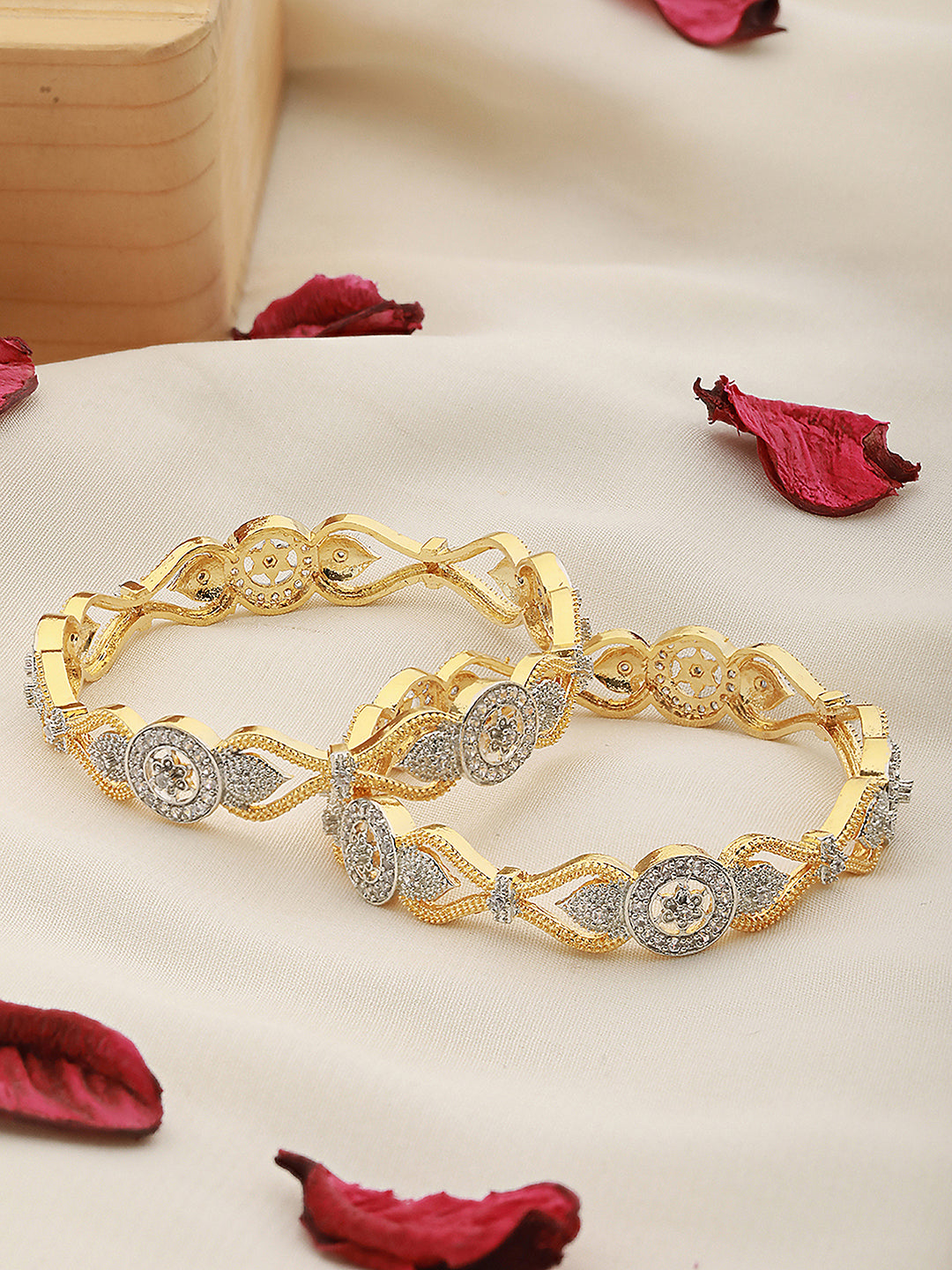 Set Of 2 Dua Toned Gold Plated Whitee AD Studded Handcrafted Leafy Design Bangles