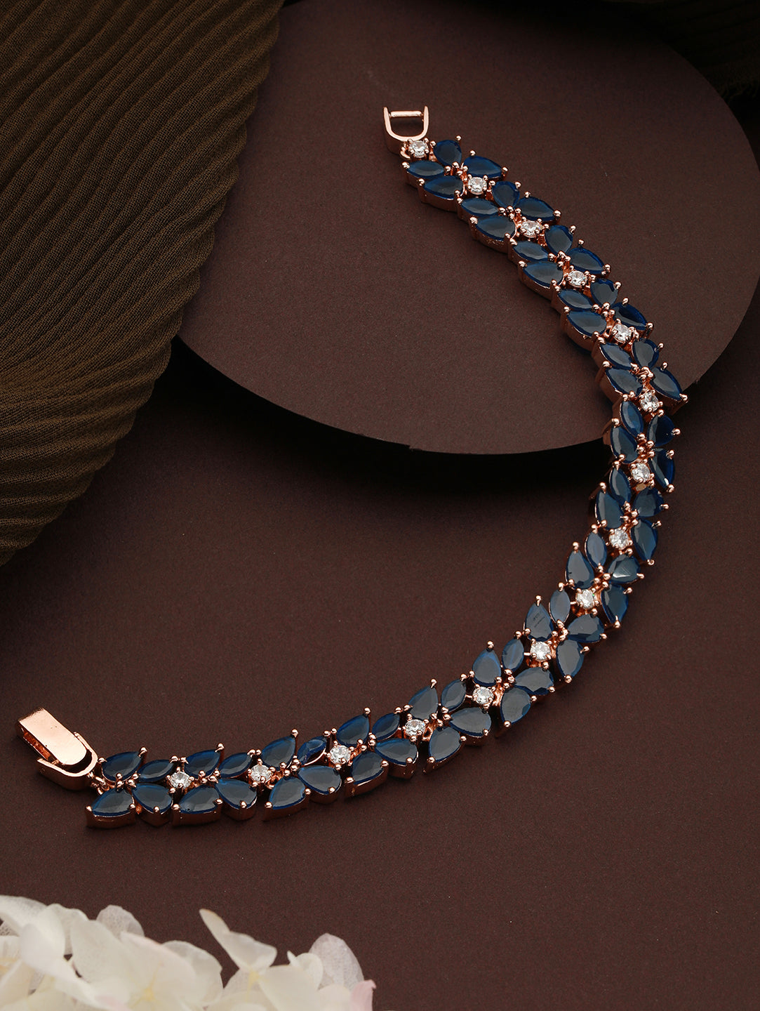 Rose Gold Plated Leaf Design Blue AD studded Designer Tennis Bracelet