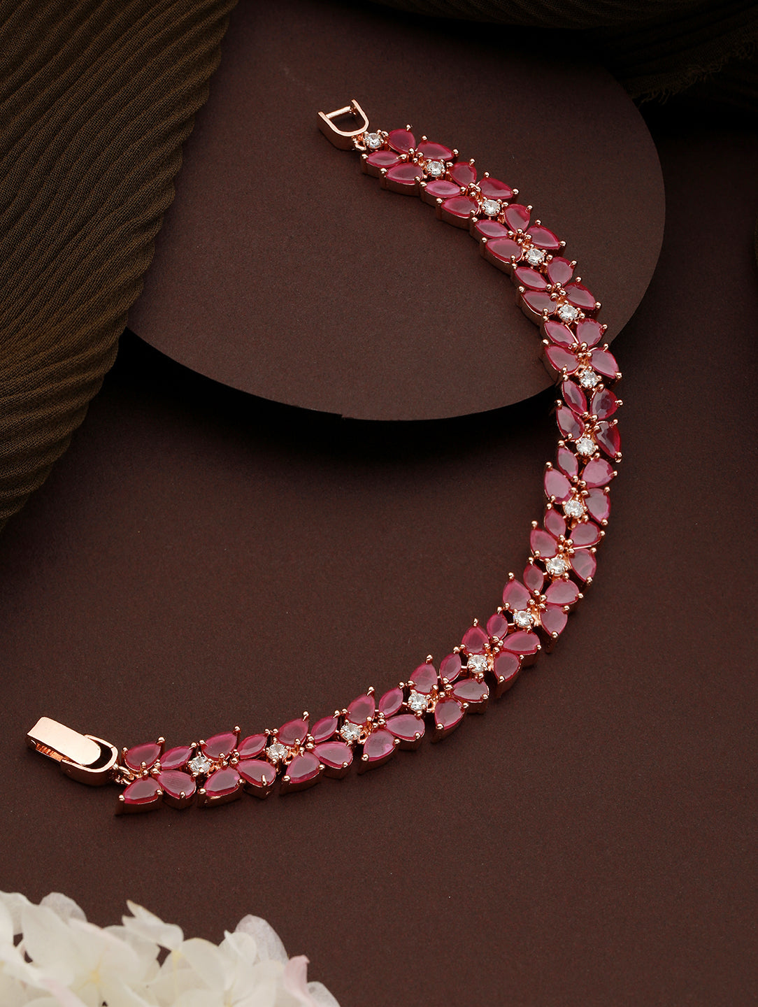 Rose Gold Plated Leaf Design Pink Ruby studded Designer Tennis Bracelet For Her