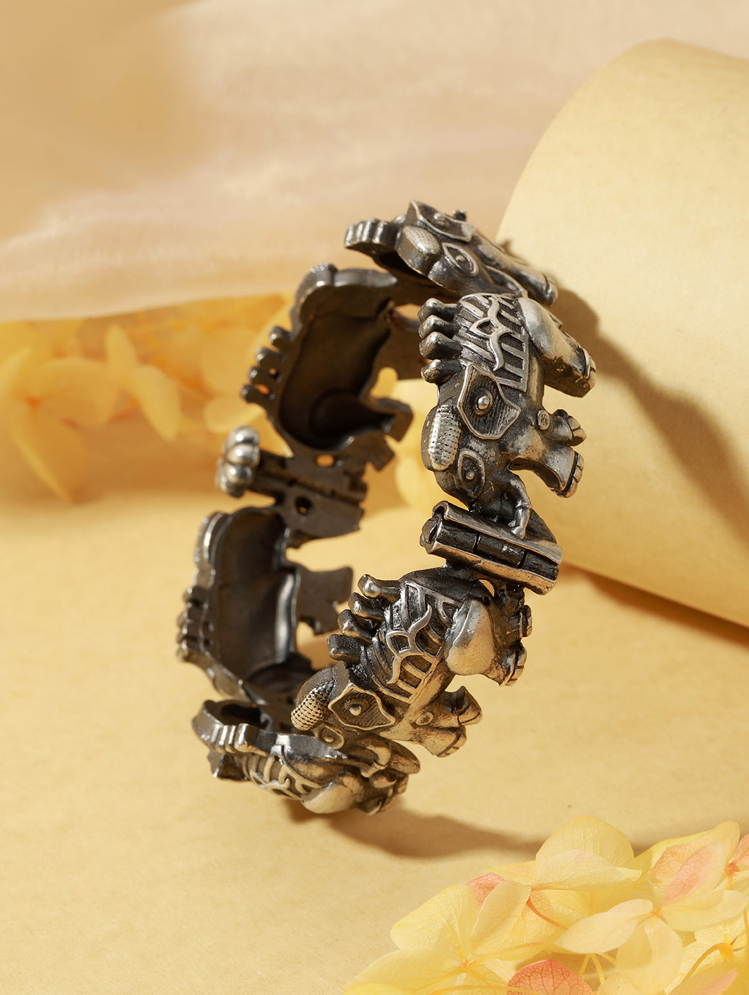 Oxidised Silver Toned Elephant Design Tribal kada Bracelet