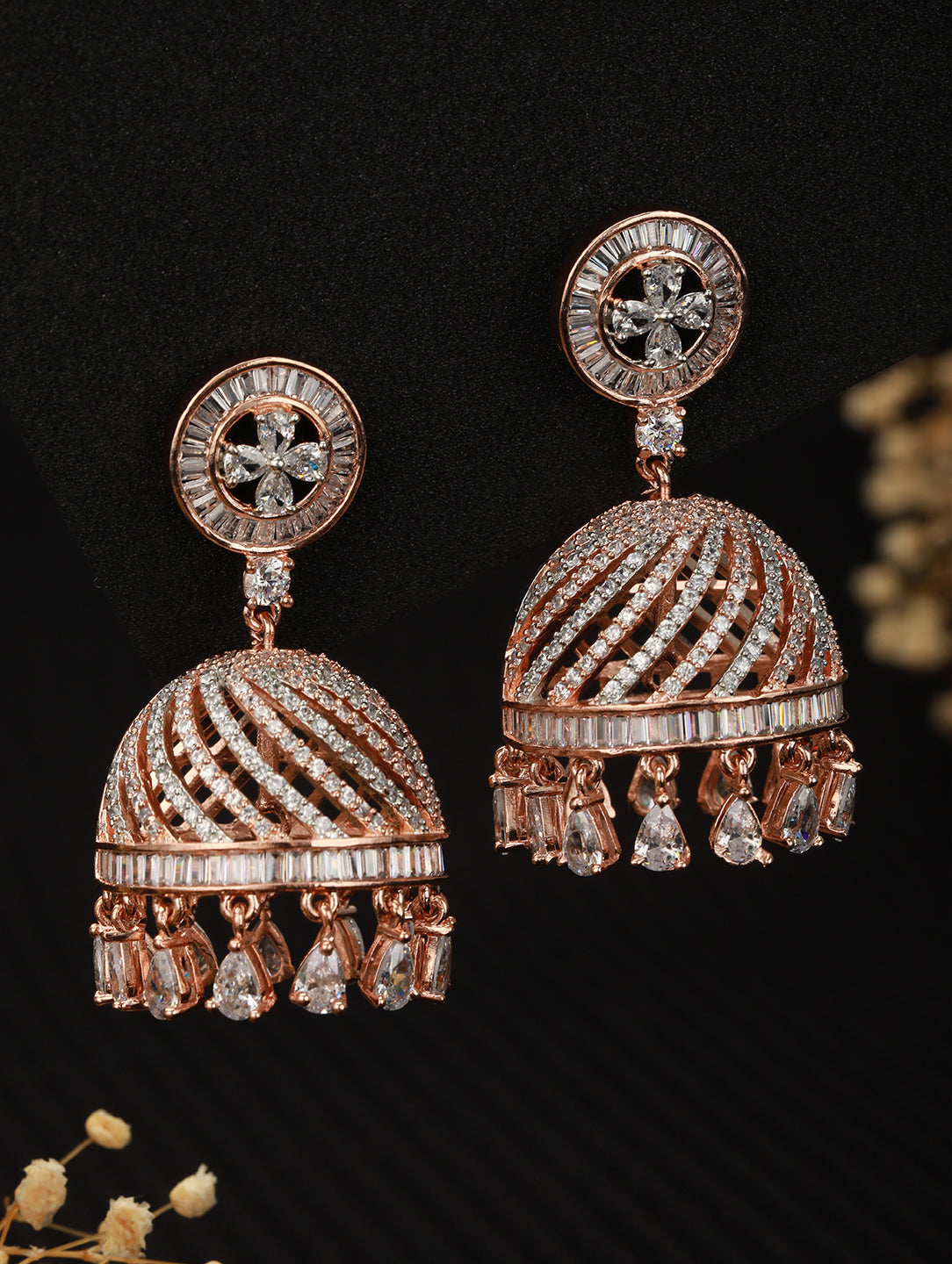 Rose Gold plated AD studded handcrafted Dome shaped Jhumka for Women & Girls