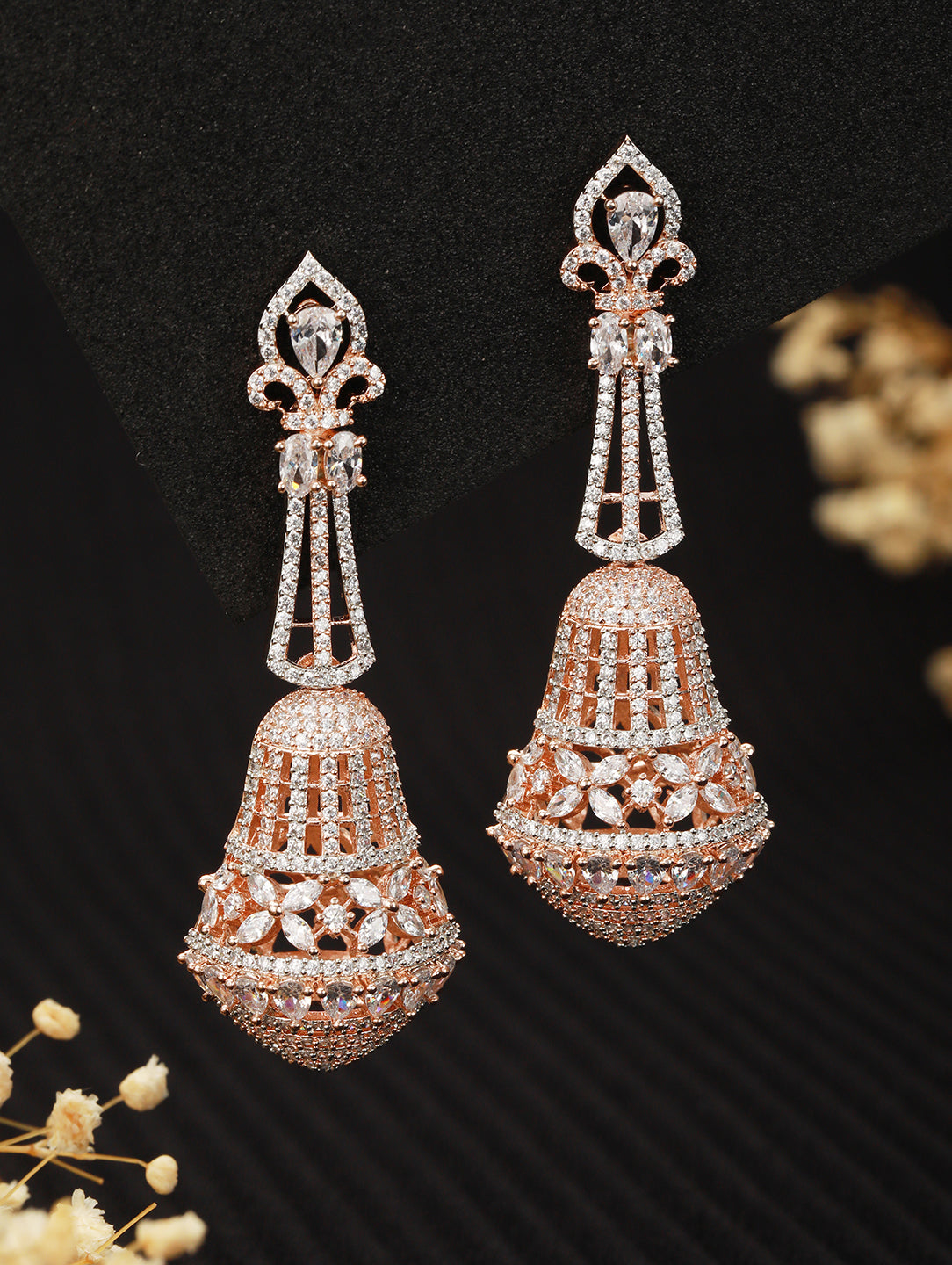Rose Gold plated White AD studded handcrafted Bell shaped Jhumka for Women & Girls