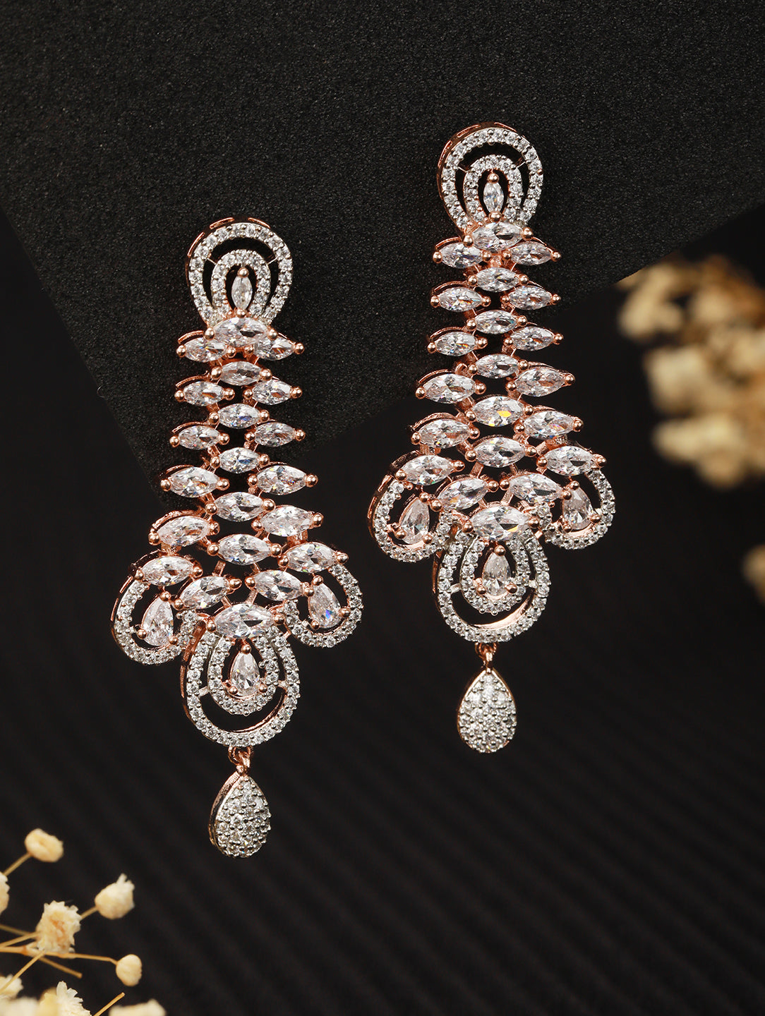 Stunning big diamond earrings for women, rose gold plated